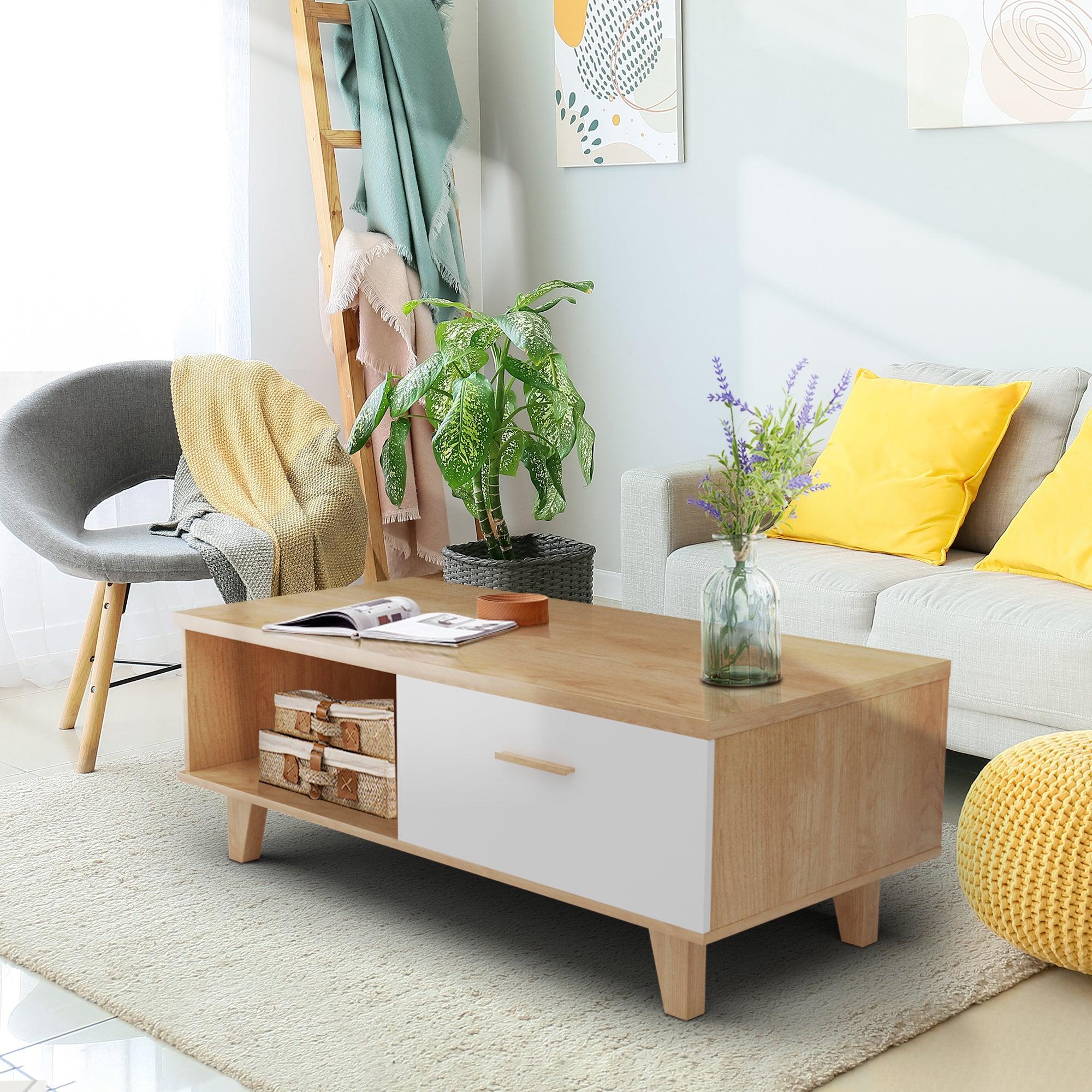 COFFEE TABLE，computer table, wood+white color, solid wood handles and legs, two drawers