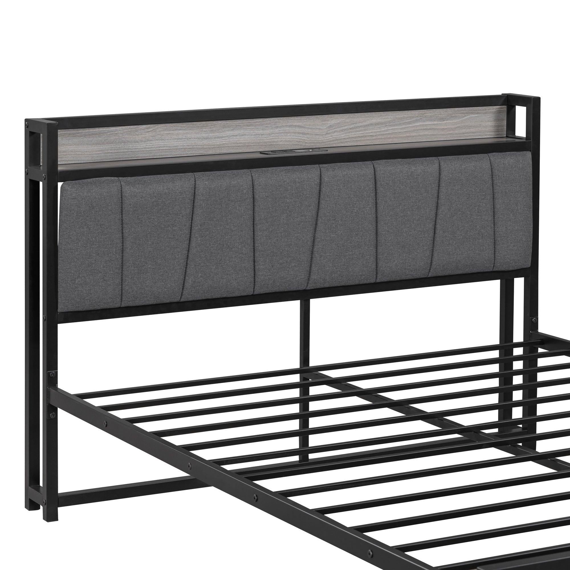 Full Size Metal Platform Bed Frame with 2 drawers, Upholstered headboard ，Sockets, USB Ports and Slat Support ,No Box Spring Needed，Black