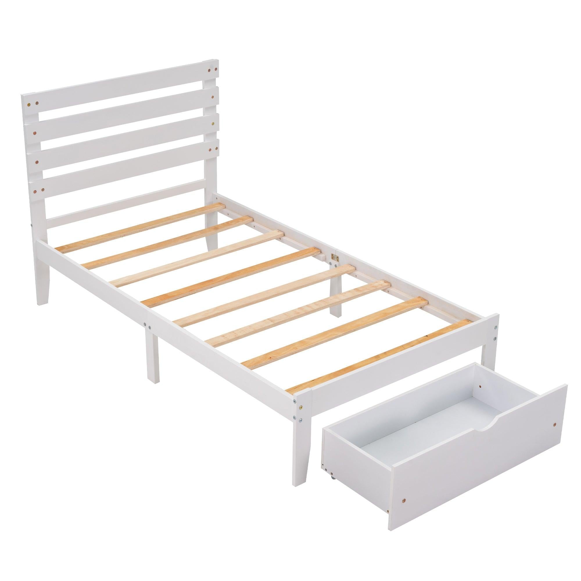 Twin Size Platform Bed with Drawer, White