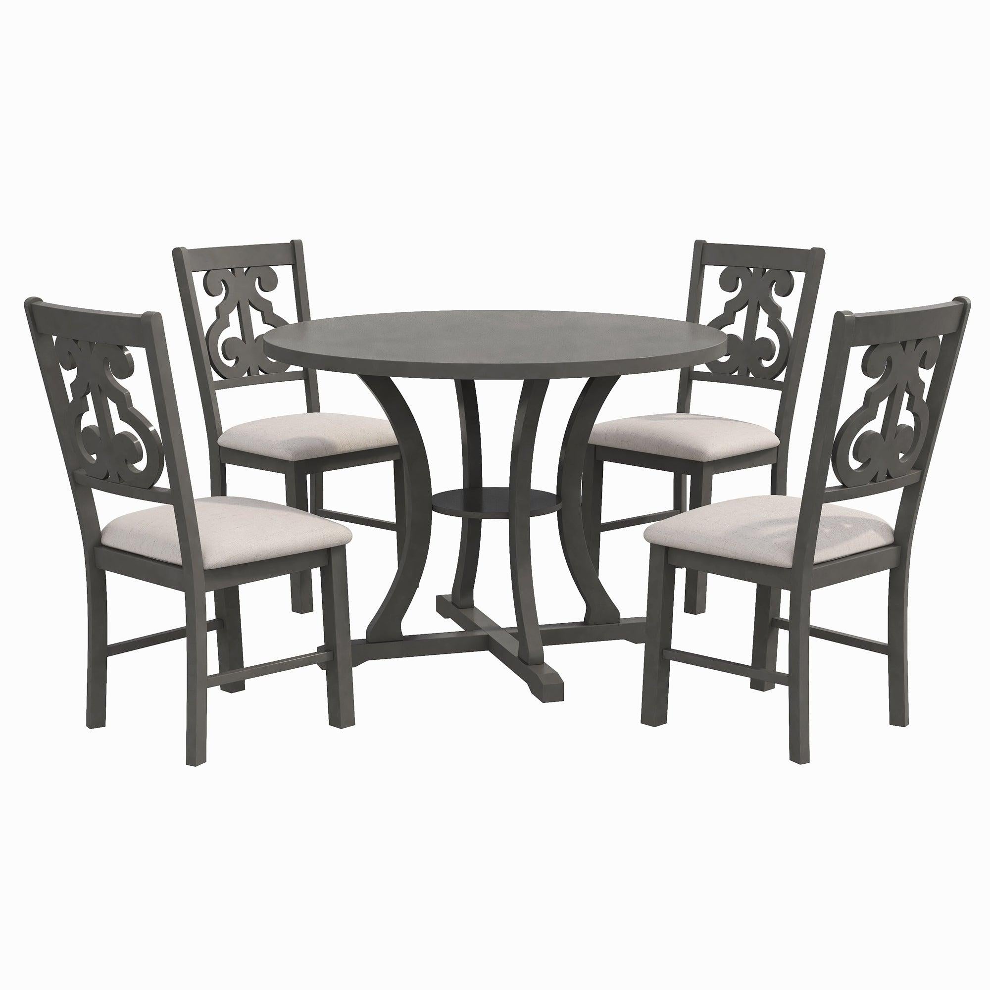 5-Piece Round Dining Table and Chair Set with Special-shaped Legs and an Exquisitely Designed Hollow Chair Back for Dining Room (Gray)