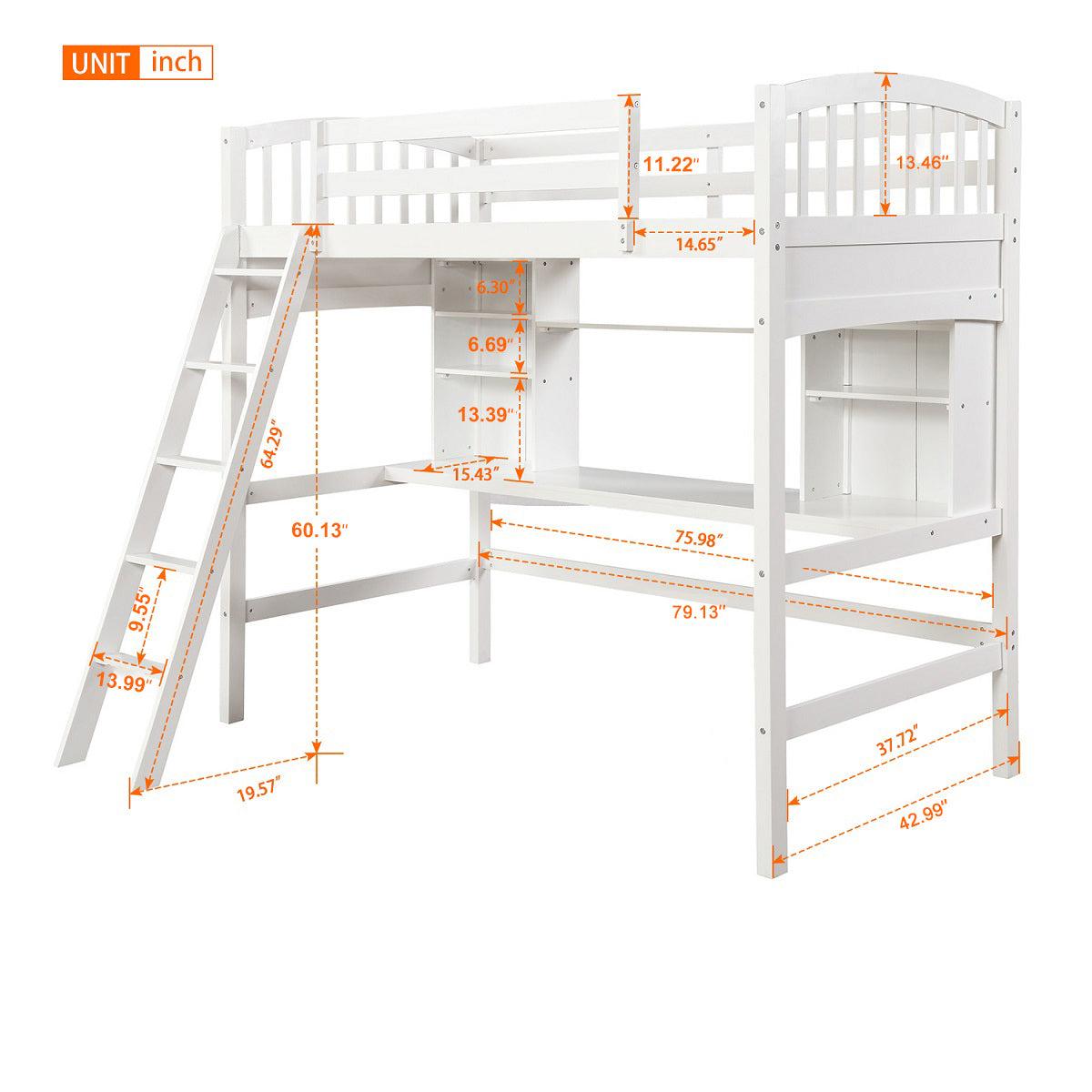 Twin size Loft Bed withStorage Shelves, Desk and Ladder, White