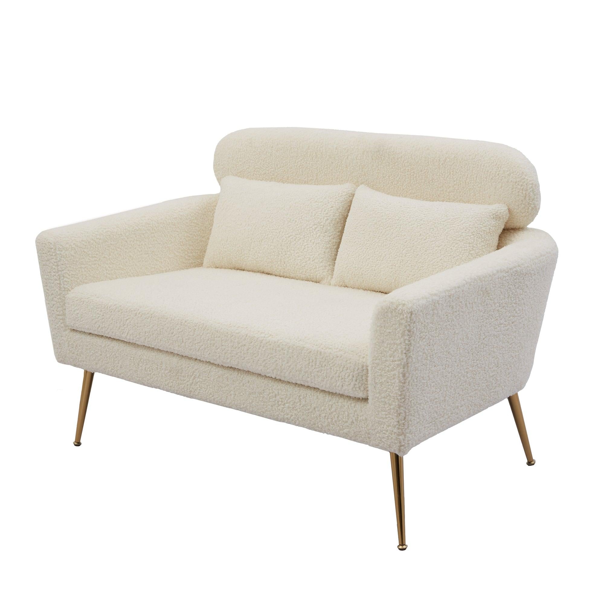 51"WModern Boucle Loveseat Small Sofa Small Mini Room Couch Two-Seater Sofa With 2 Throw Pillows Gold Metal Legs for Small Space Office Studio Apartment Bedroom, Ivory Boucle