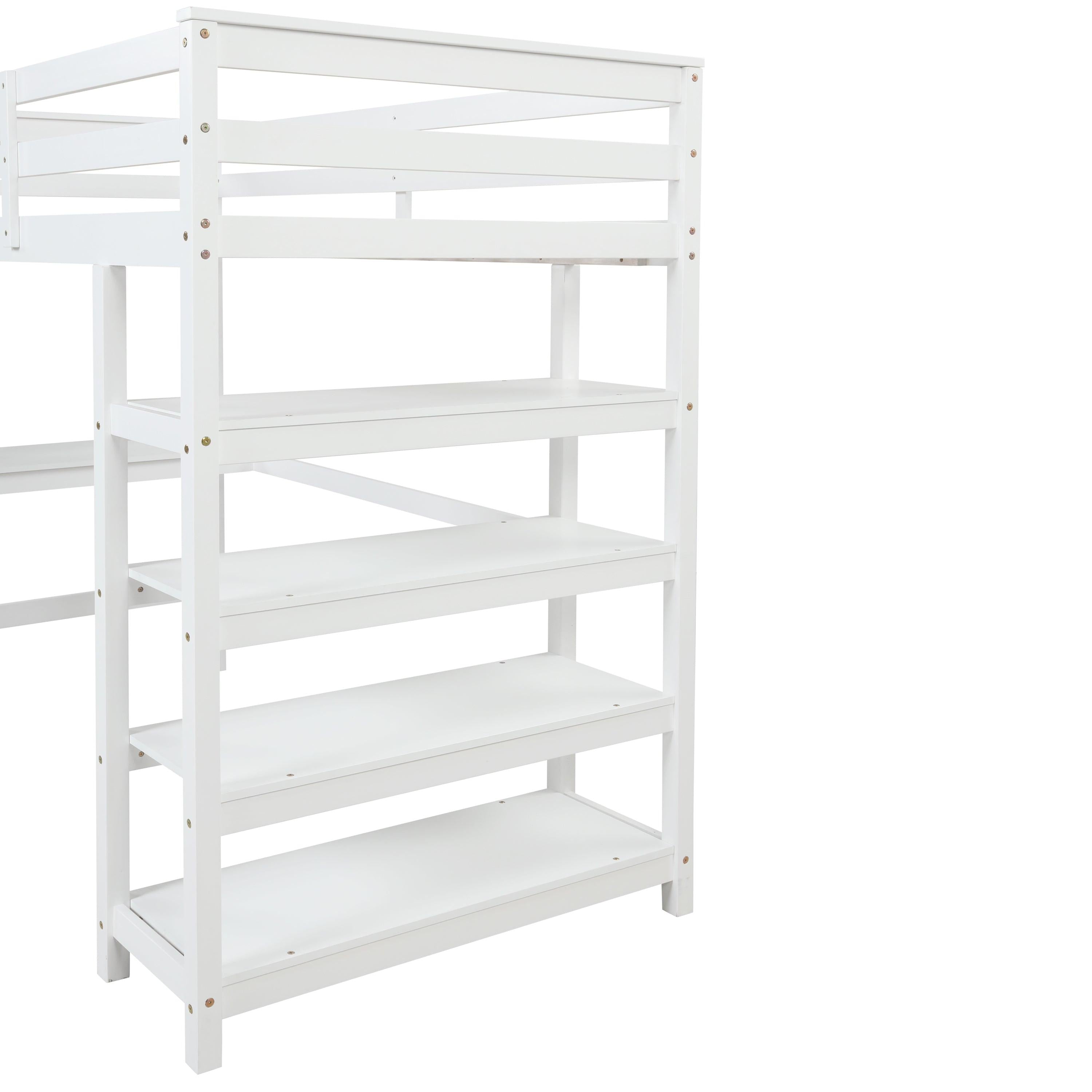 Twin Loft Bed with desk,ladder,shelves , White