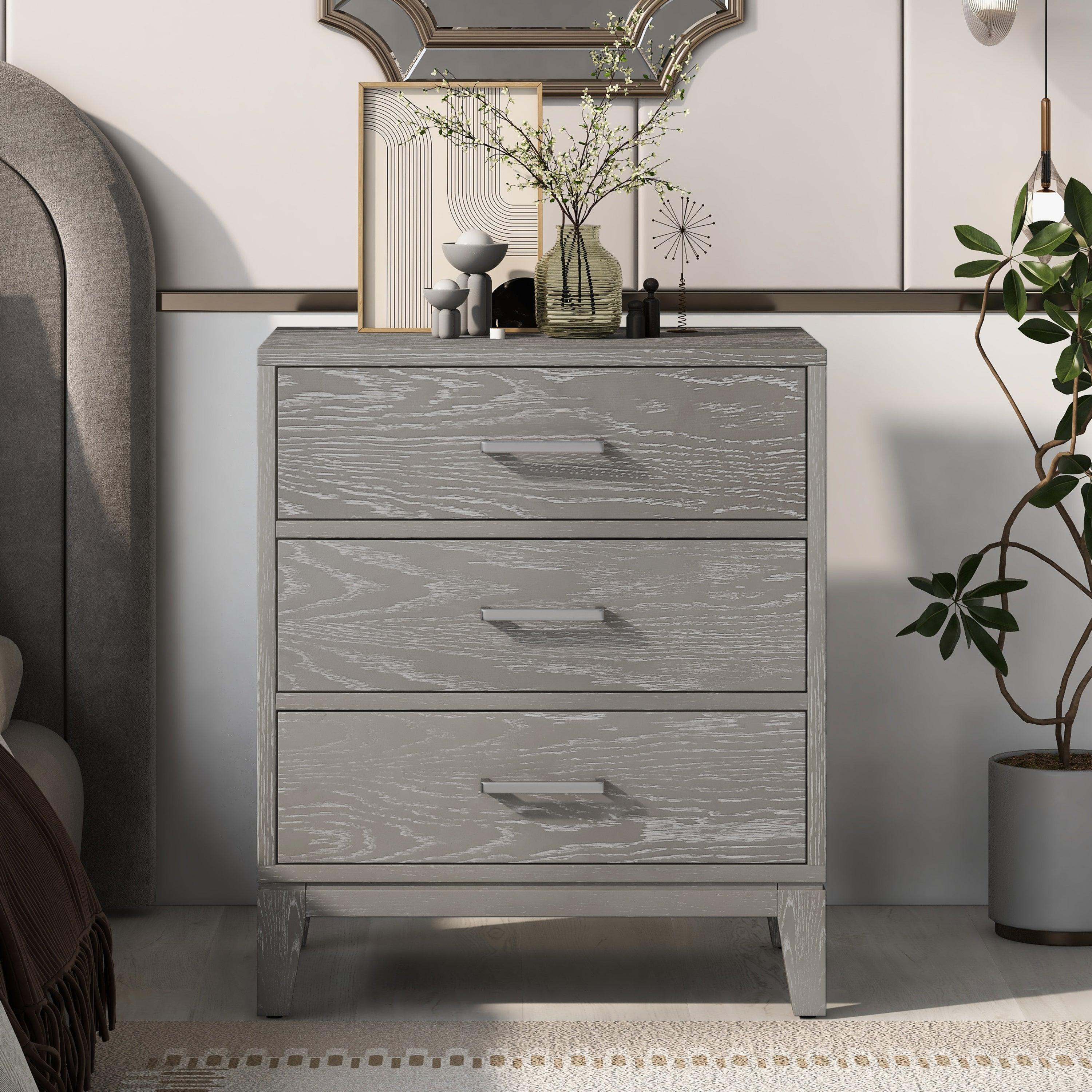 Modern Concise Style Solid wood Grey grain Three-Drawer Nightstand with Tapered Legs and Smooth Gliding Drawers