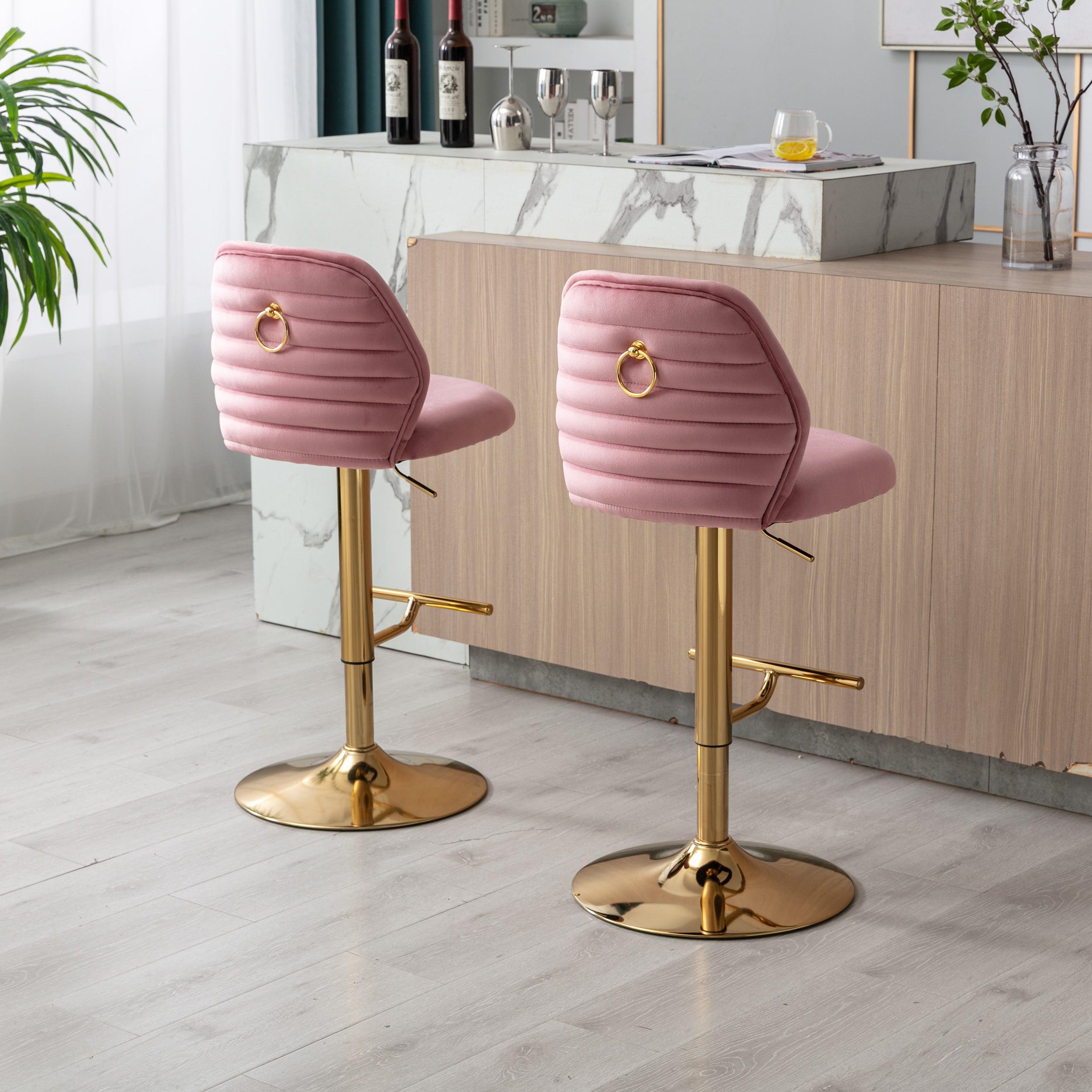 Swivel Bar Stools Chair Set of 2Modern Adjustable Counter Height Bar Stools, Velvet Upholstered Stool with Tufted High Back & Ring Pull for Kitchen ,Chrome Golden Base,Pink