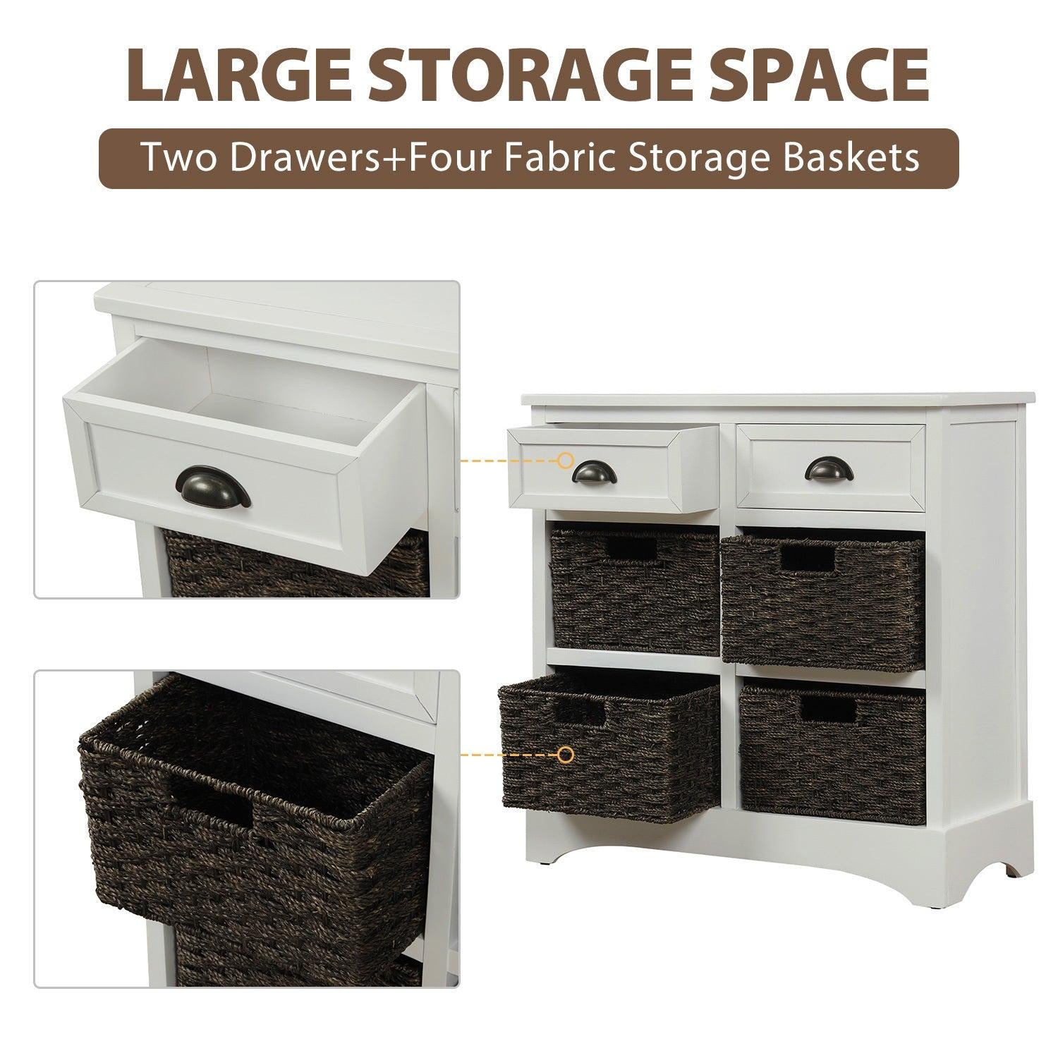 RusticStorage Cabinet with Two Drawers and Four  Classic Rattan Basket for Dining Room/Living Room (White)