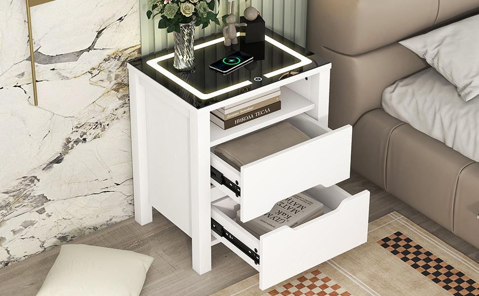 MultifunctionalStorage Nightstand with 2 Drawers and an open shelf, Wireless Charging with adjustable LED, White