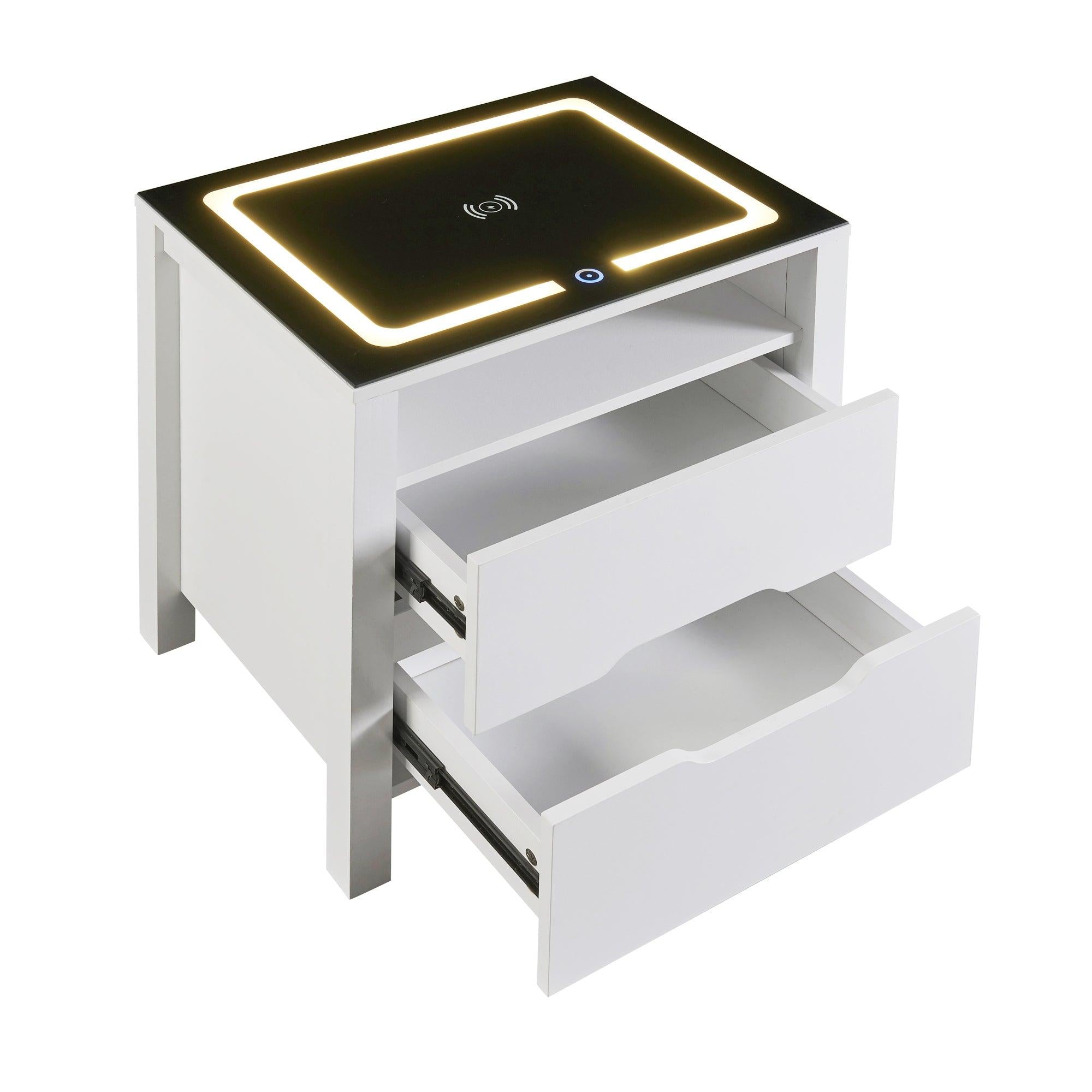 MultifunctionalStorage Nightstand with 2 Drawers and an open shelf, Wireless Charging with adjustable LED, White