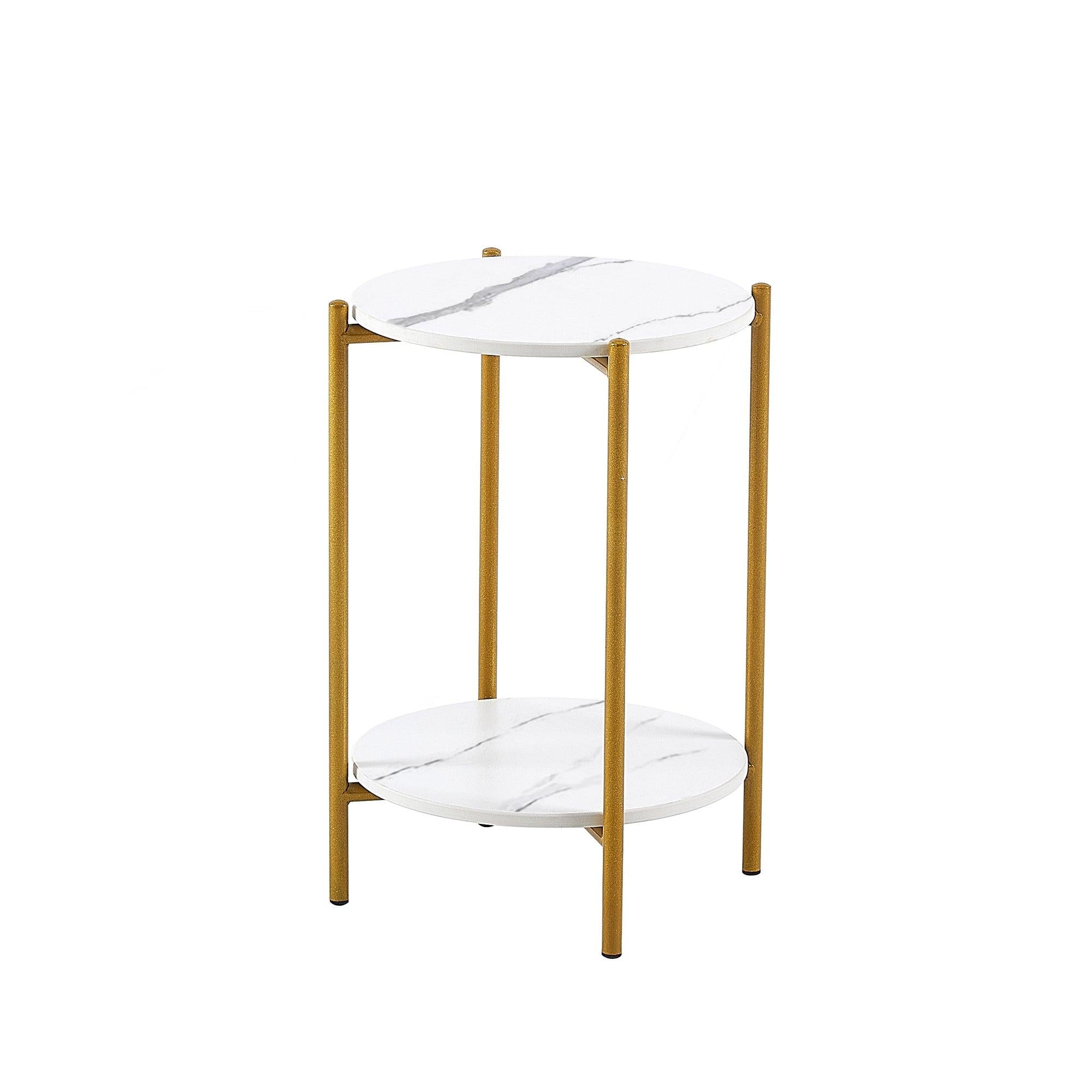 2-layer End Table with Whole  Marble Tabletop, Round Coffee Table with Golden Metal Frame for Bedroom Living Room Office (White,1 piece)