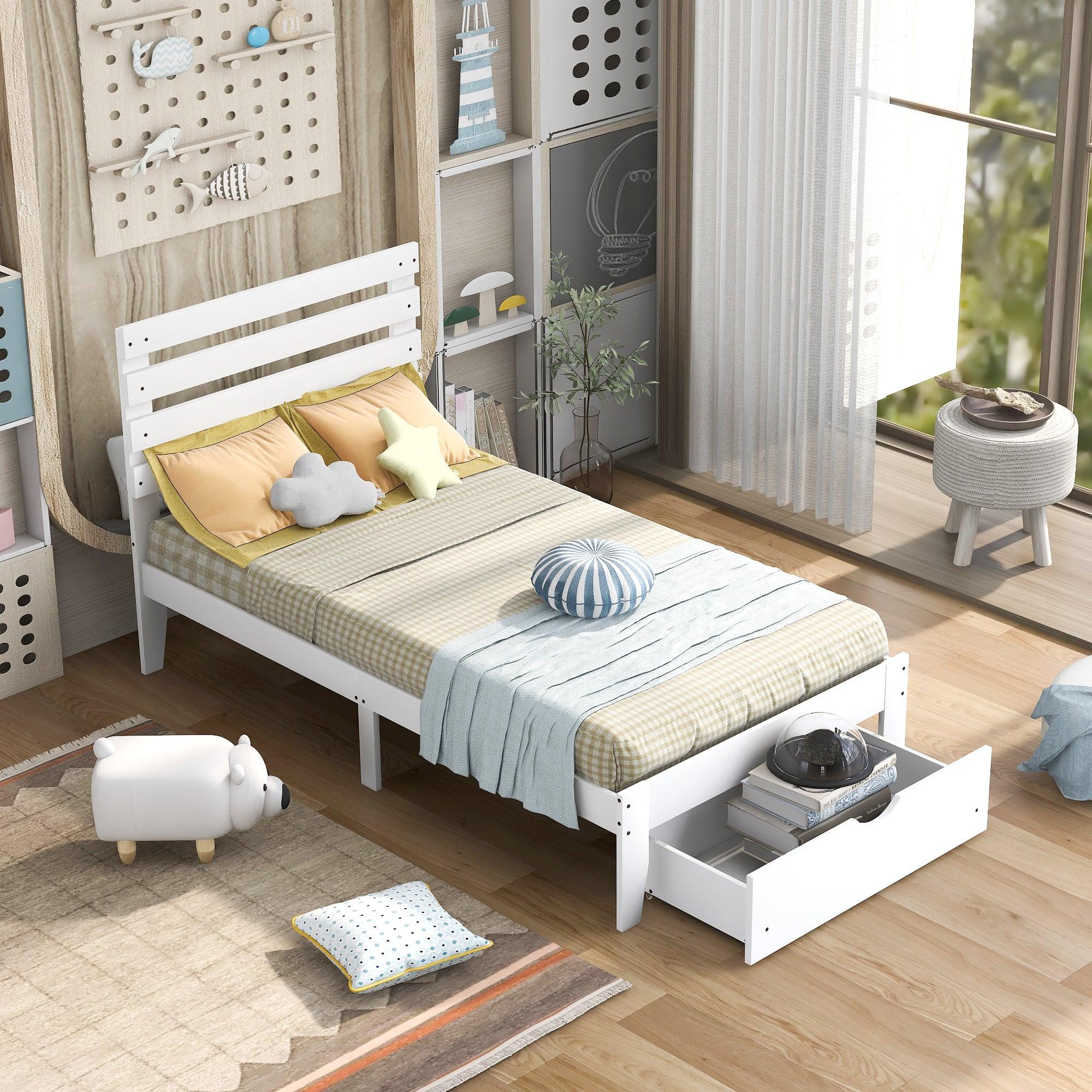 Twin Size Platform Bed with Drawer, White