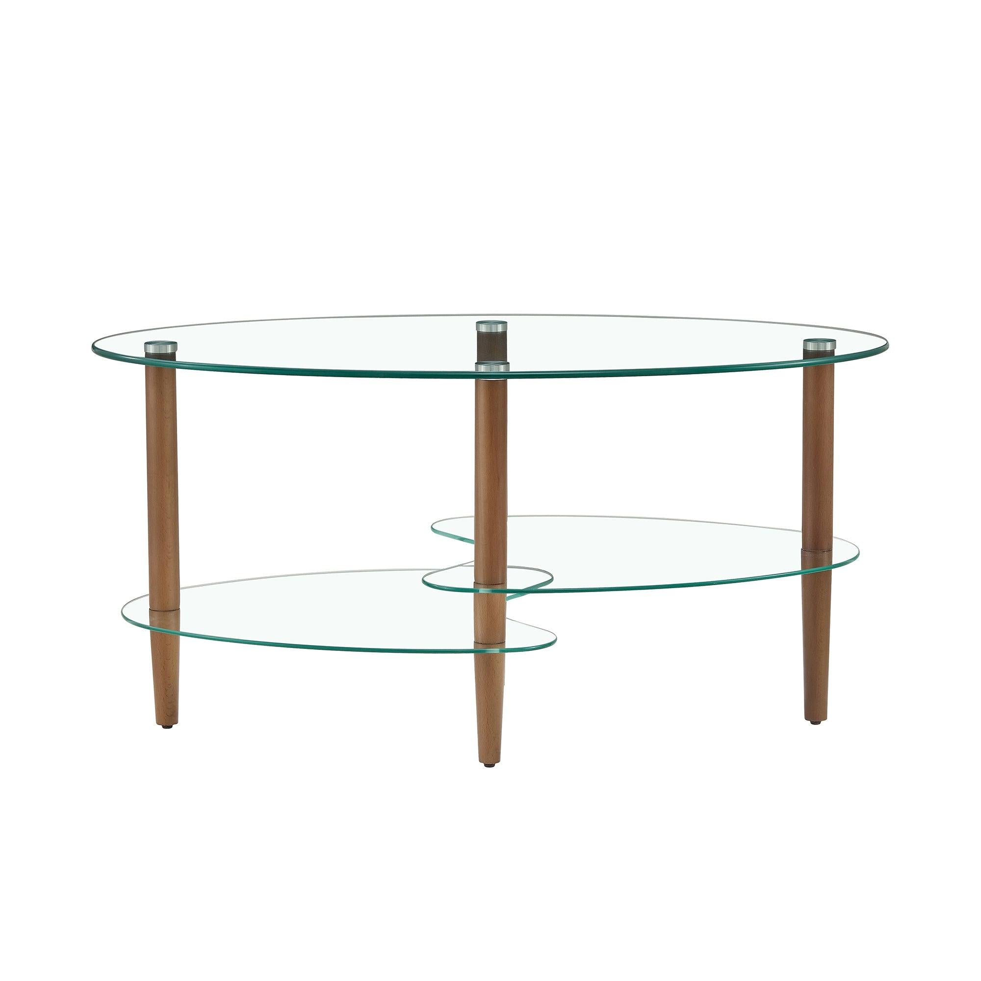 Transparent Oval glass coffee table,Modern table in living room Oak wood leg tea table 3-layer  glass table