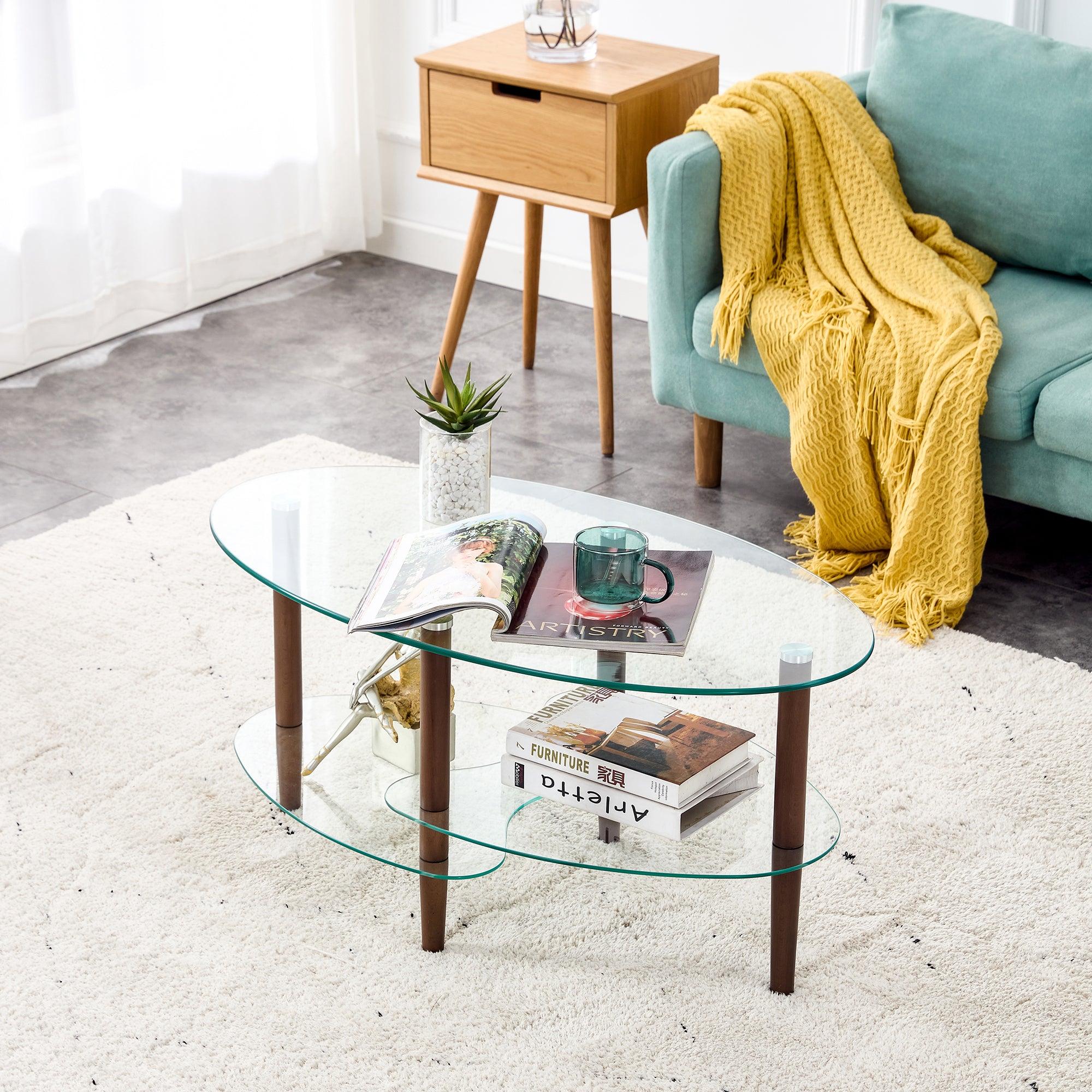 Transparent Oval glass coffee table,Modern table in living room Oak wood leg tea table 3-layer  glass table image