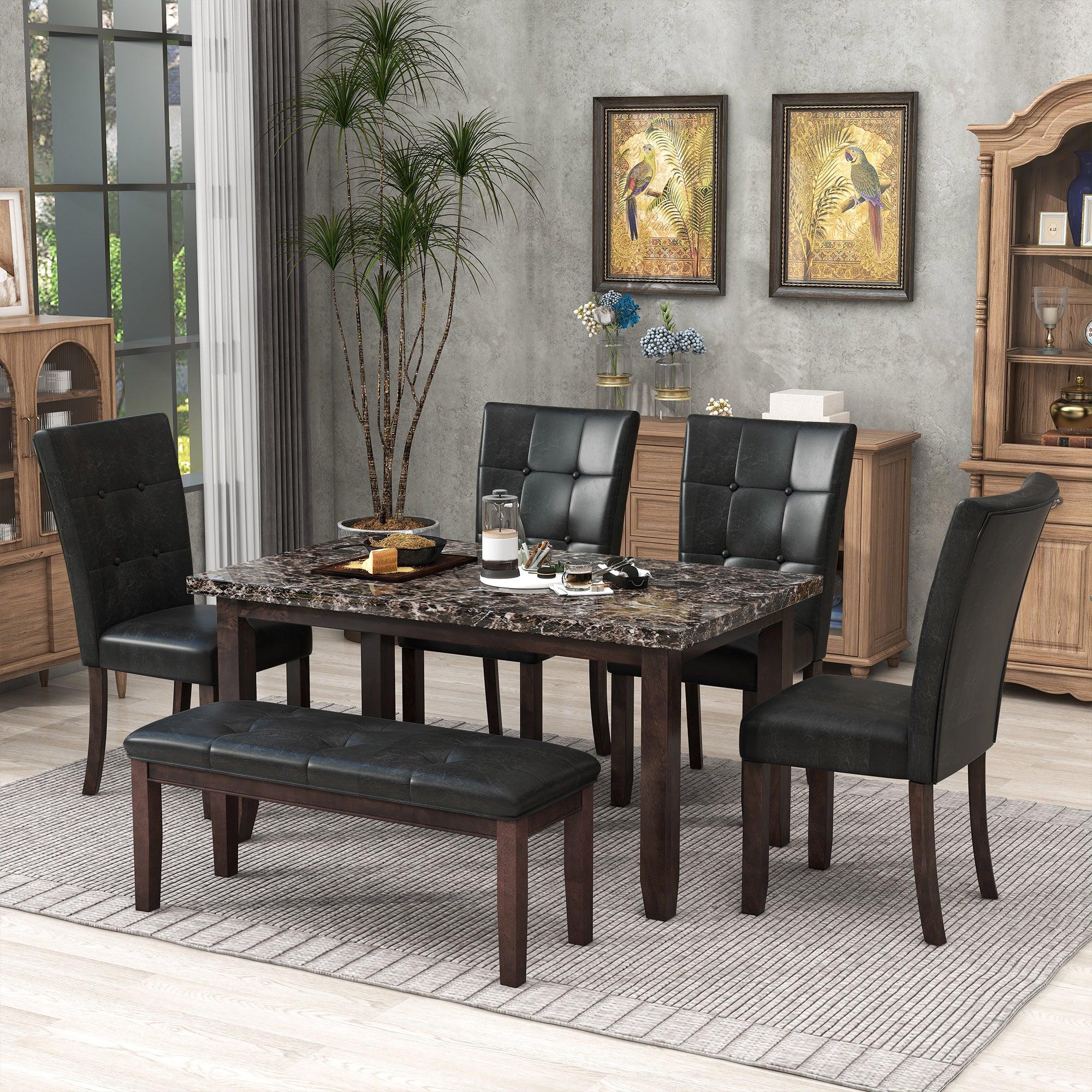 6-piece Faux Marble Dining Table Set  with one Faux Marble Dining Table ,4 Chairs and 1 Bench, Table: 66”x38”x 30”,Chair: 20.2”x28.5”x39”, Black image