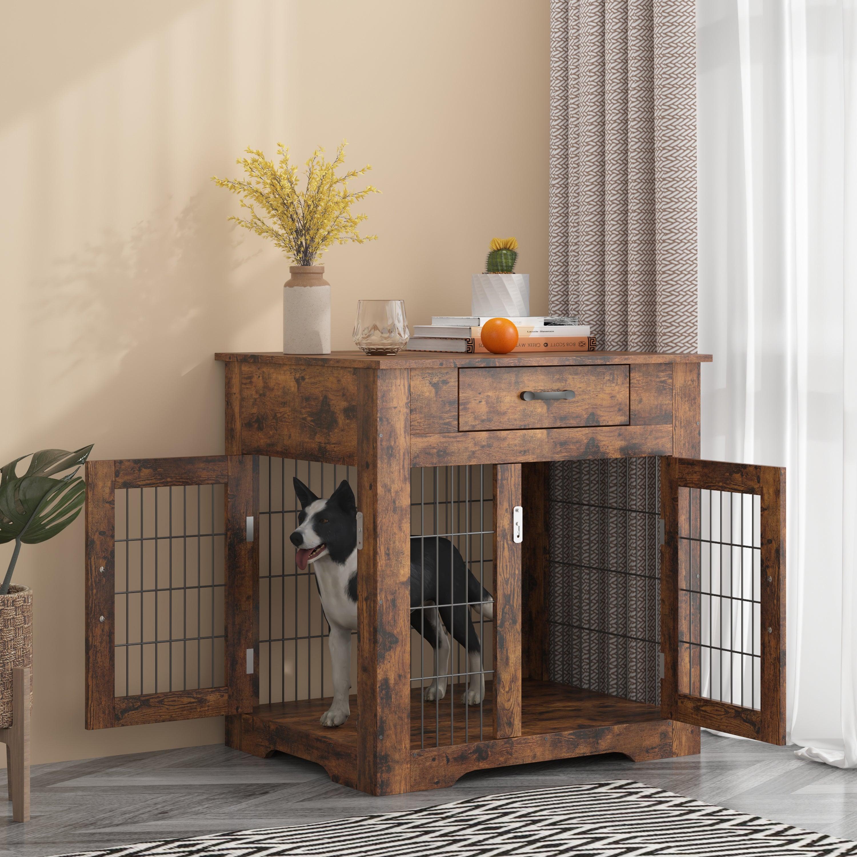 Furniture Style Dog Crate End Table with Drawer, Pet Kennels with Double Doors , Dog House Indoor Use, （Rustic Brown，29.92”w x 24.80”d x 30.71”h）