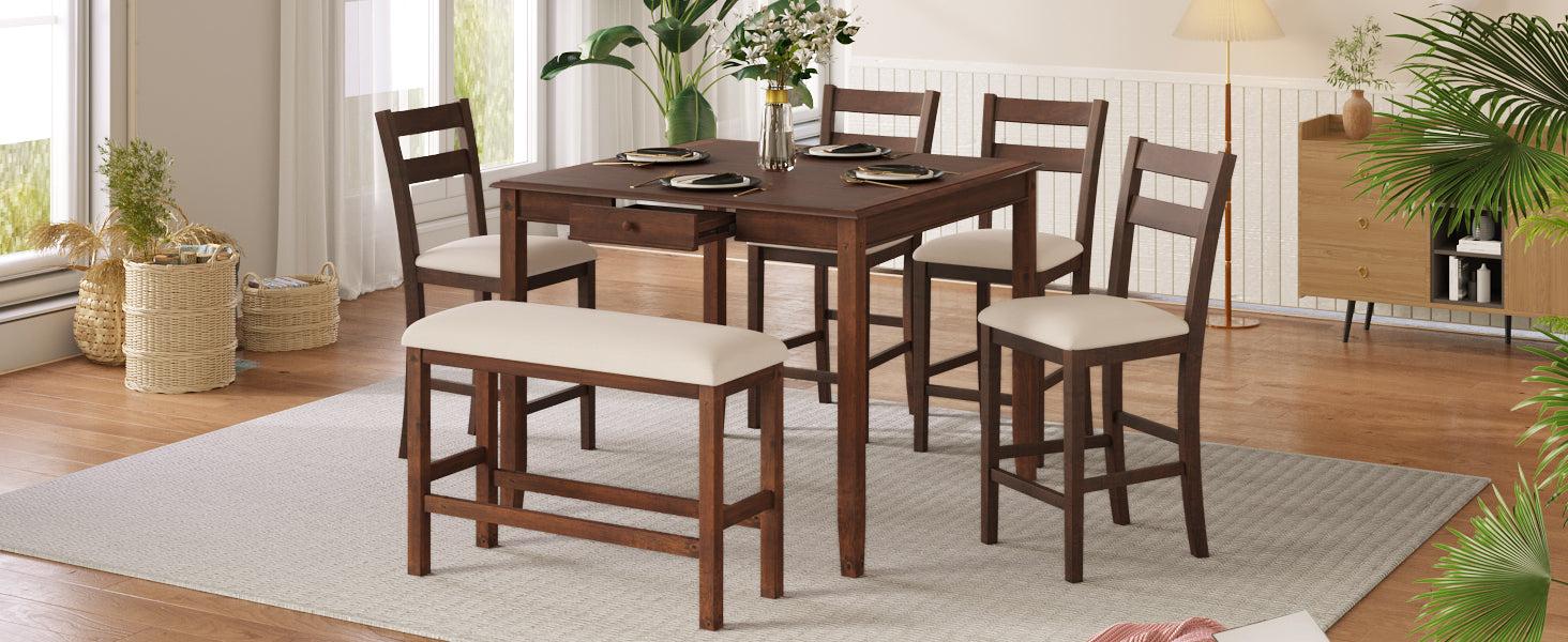 Wood 6-Piece Dining Table Set withStorage Drawer, Counter Height Square Kitchen Set with Upholstered Chair and Bench, Walnut