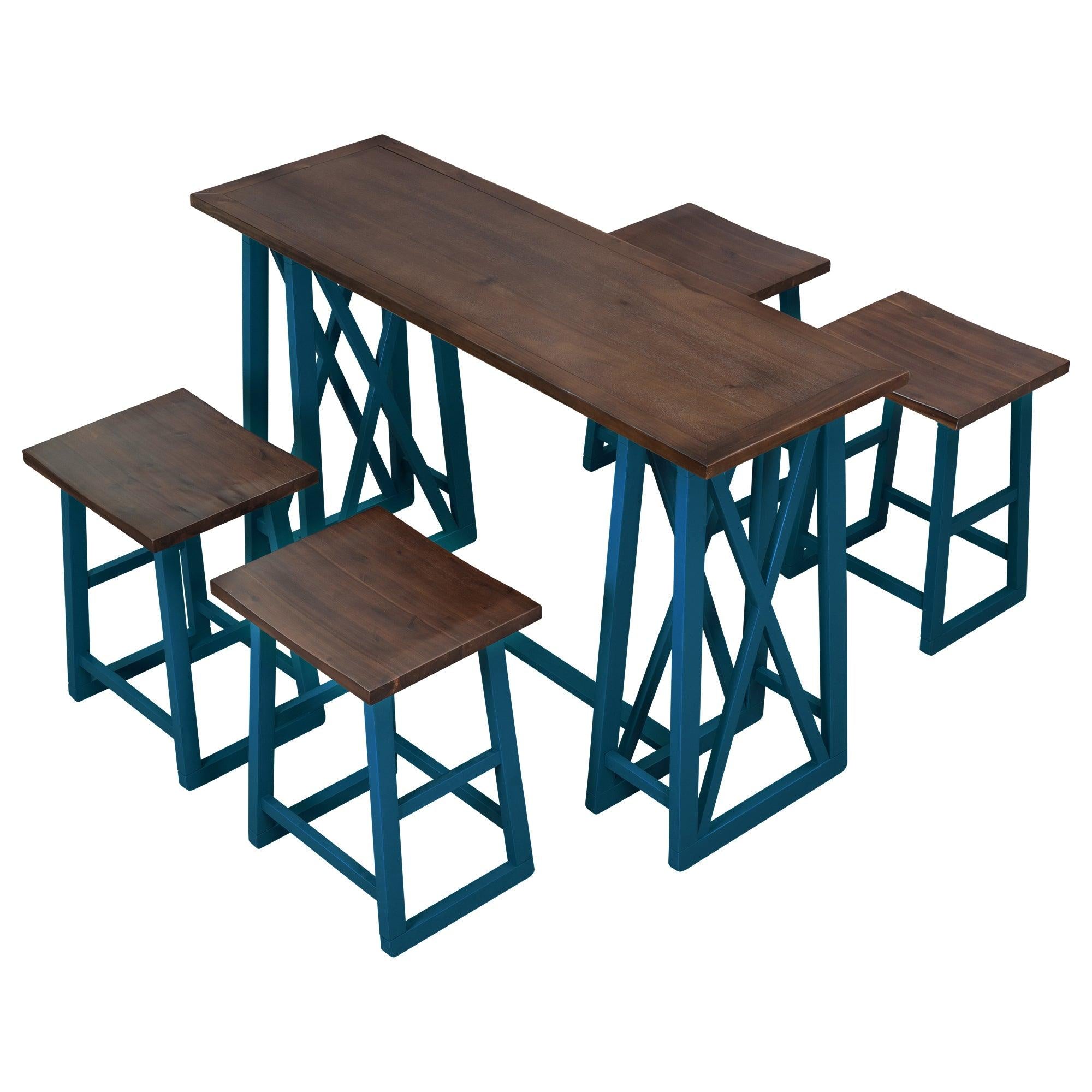 Rustic Counter Height 5-Piece Dining Set, Wood Console Table Set with 4 Stools for Small Places,Walnut+Blue