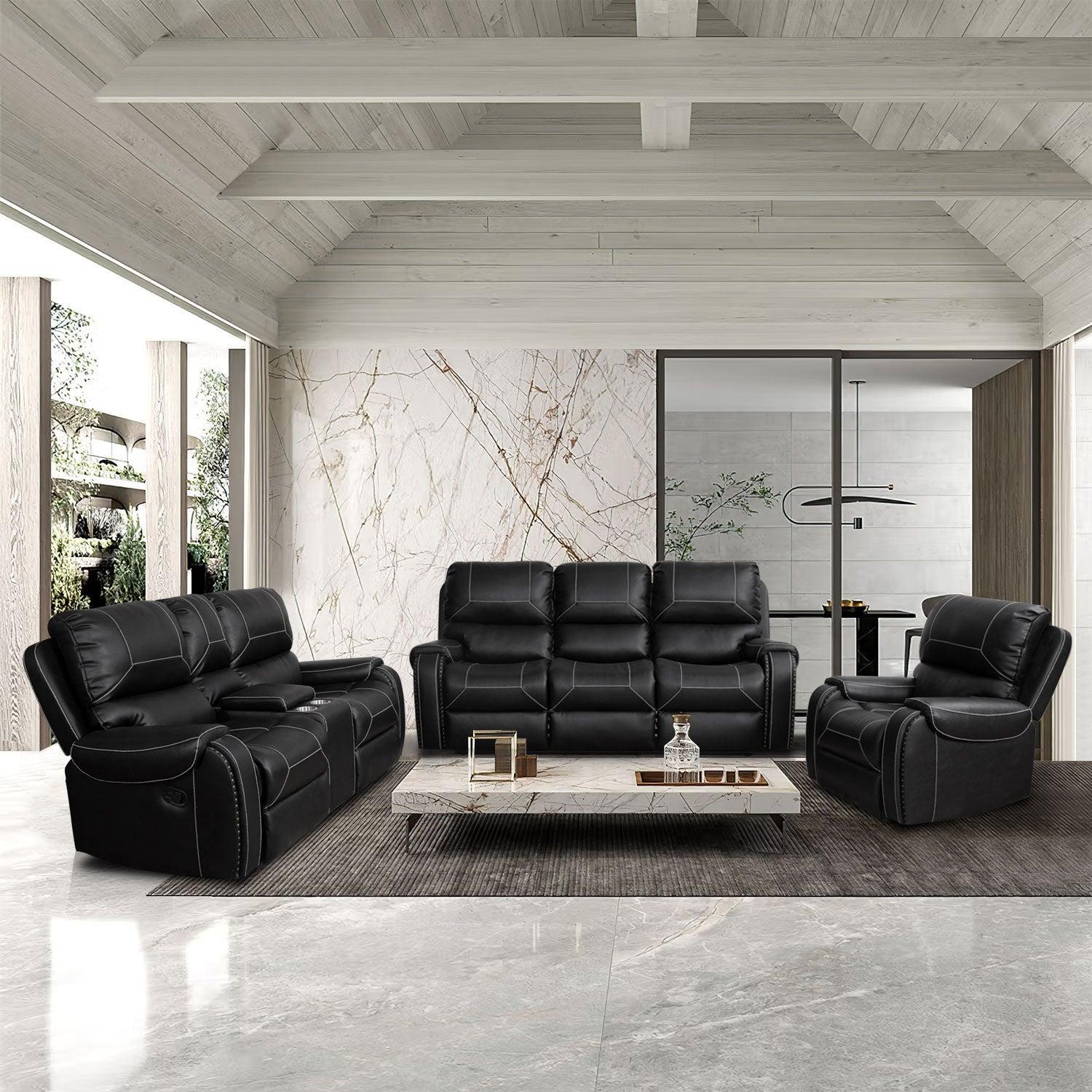 Faux Leather Reclining Sofa Couch Set 1+2+3 for Living Room Black