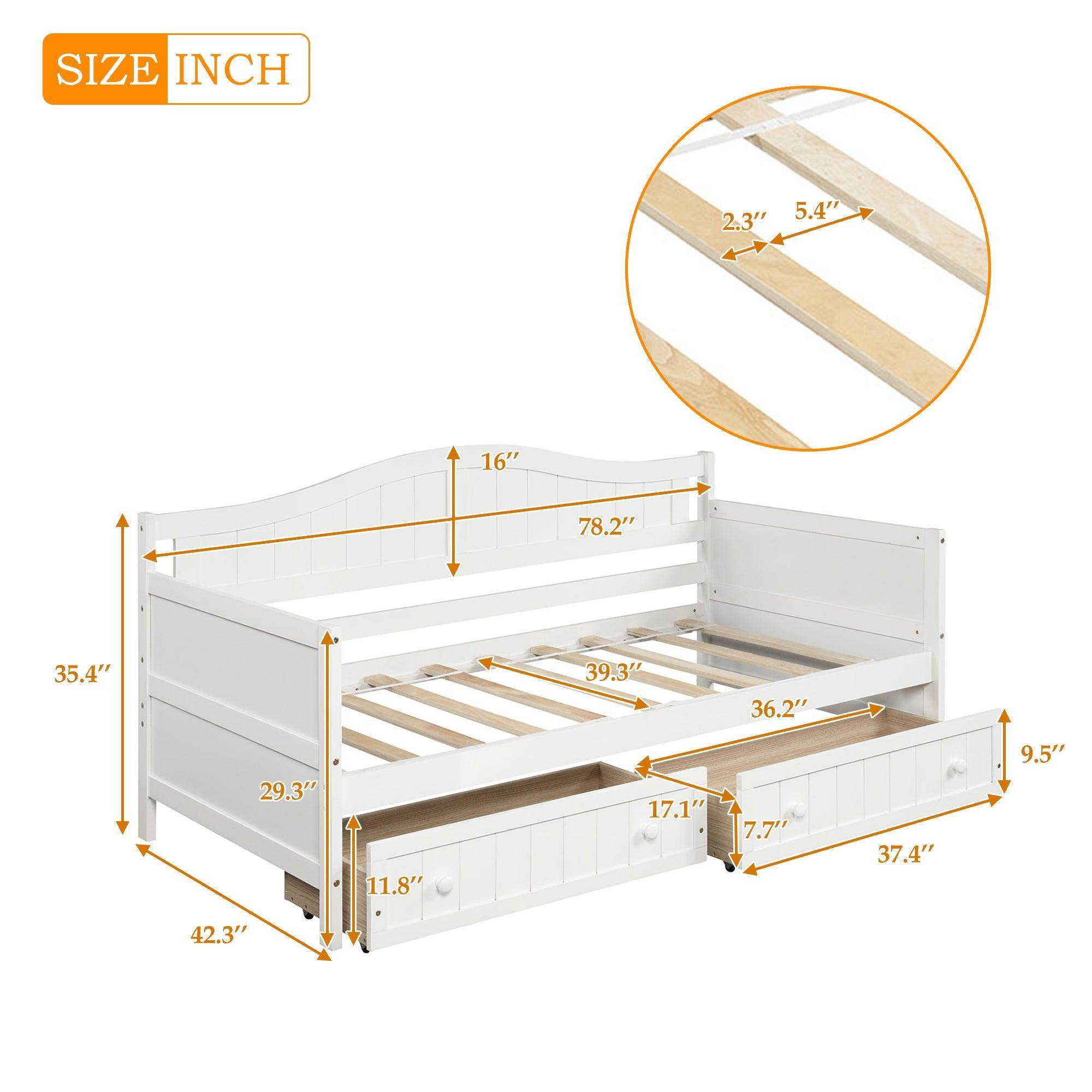 Twin Wooden Daybed with 2 drawers, Sofa Bed for Bedroom Living Room,No Box Spring Needed,White