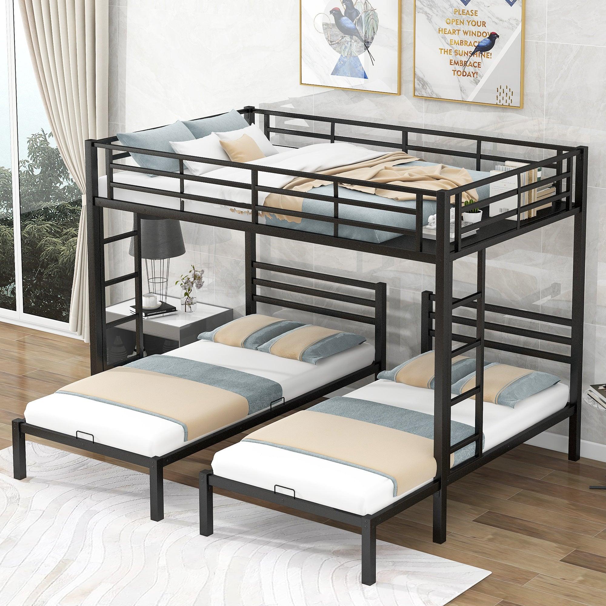 Full over Twin&Twin Size Bunk Bed with Built-in Shelf, Black image