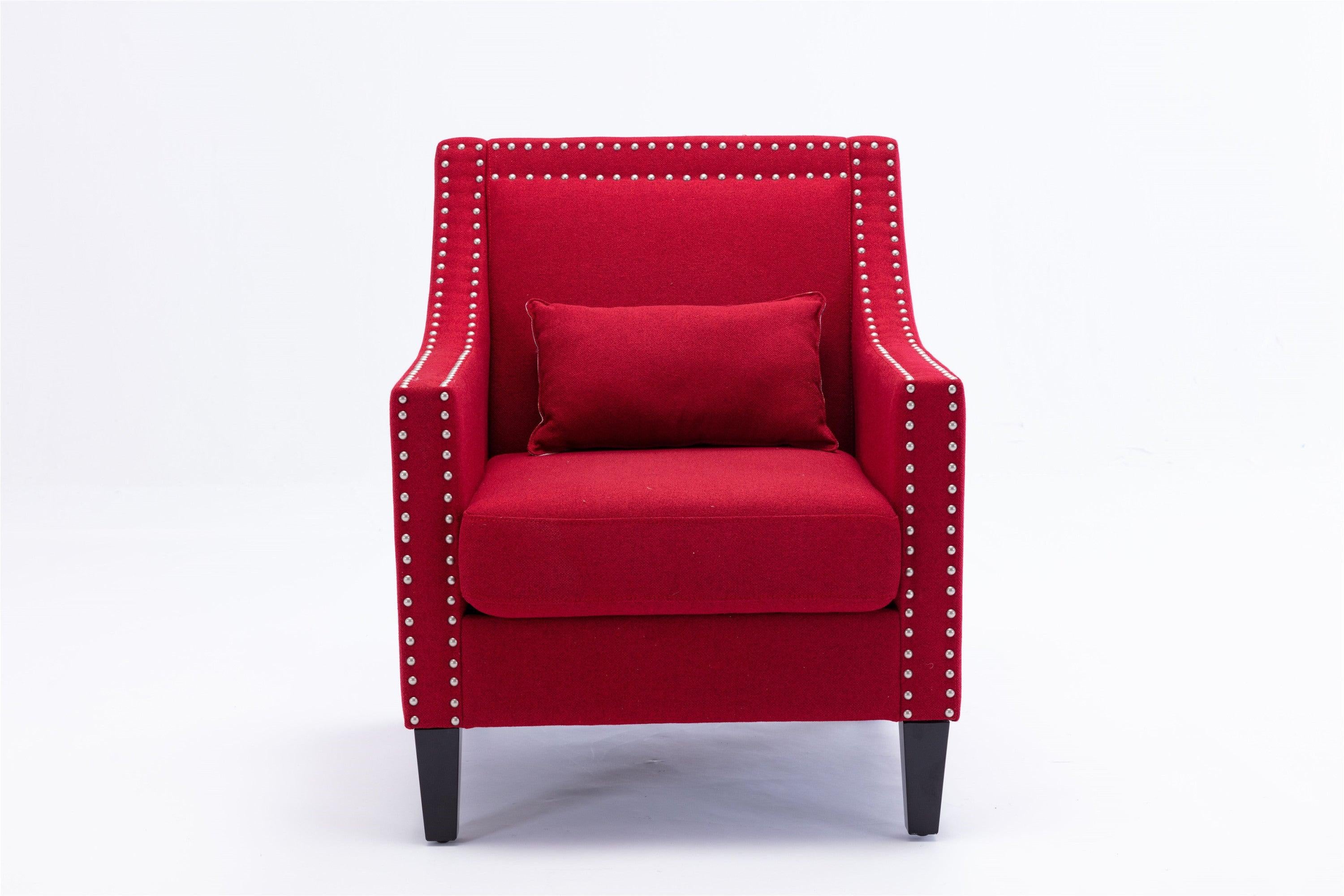 accent armchair living room chair  with nailheads and solid wood legs  Red Linen