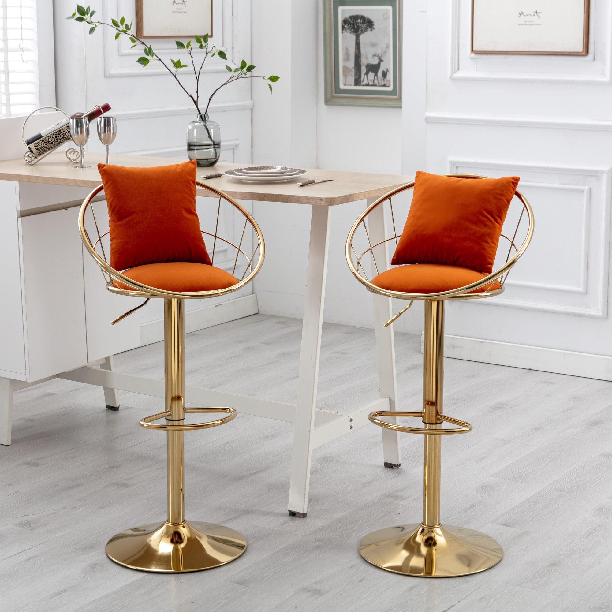 Orange velvet bar chair, pure gold plated, unique design，360 degree rotation, adjustable height，Suitable for dinning room and bar，set of 2