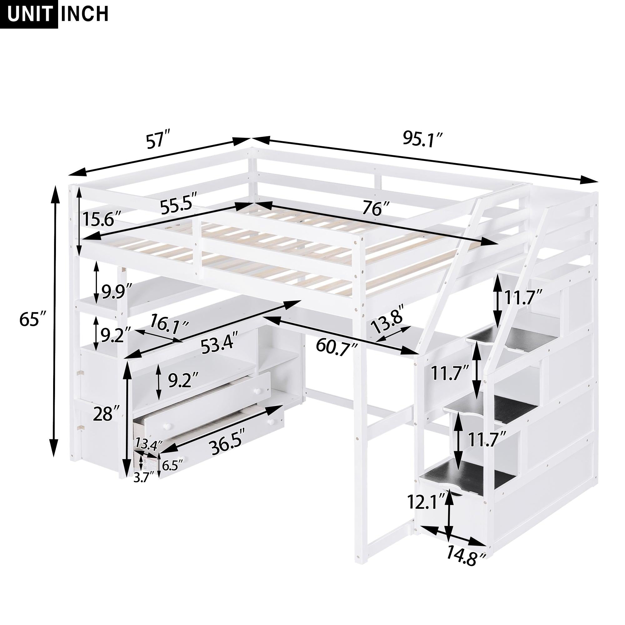 Full Size Loft Bed with Desk and Shelves, Two Built-in Drawers,Storage Staircase, White