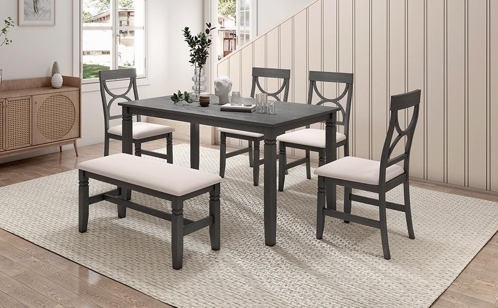 6-Piece Wood Dining Table Set Kitchen Table Set with Upholstered Bench and 4 Dining Chairs, Farmhouse Style,Gray