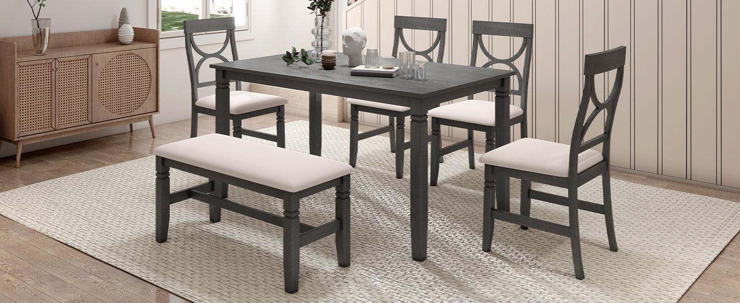 6-Piece Wood Dining Table Set Kitchen Table Set with Upholstered Bench and 4 Dining Chairs, Farmhouse Style,Gray