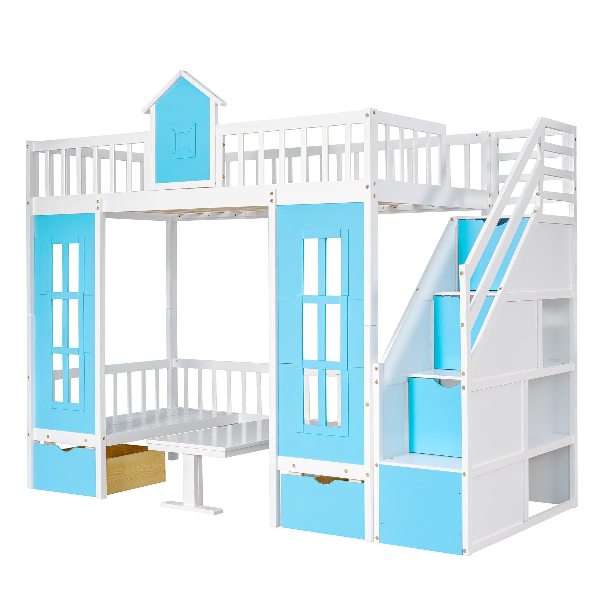 Twin-Over-Twin Bunk Bed with Changeable Table , Bunk Bed  Turn into Upper Bed and Down Desk with 2 Drawers - Blue