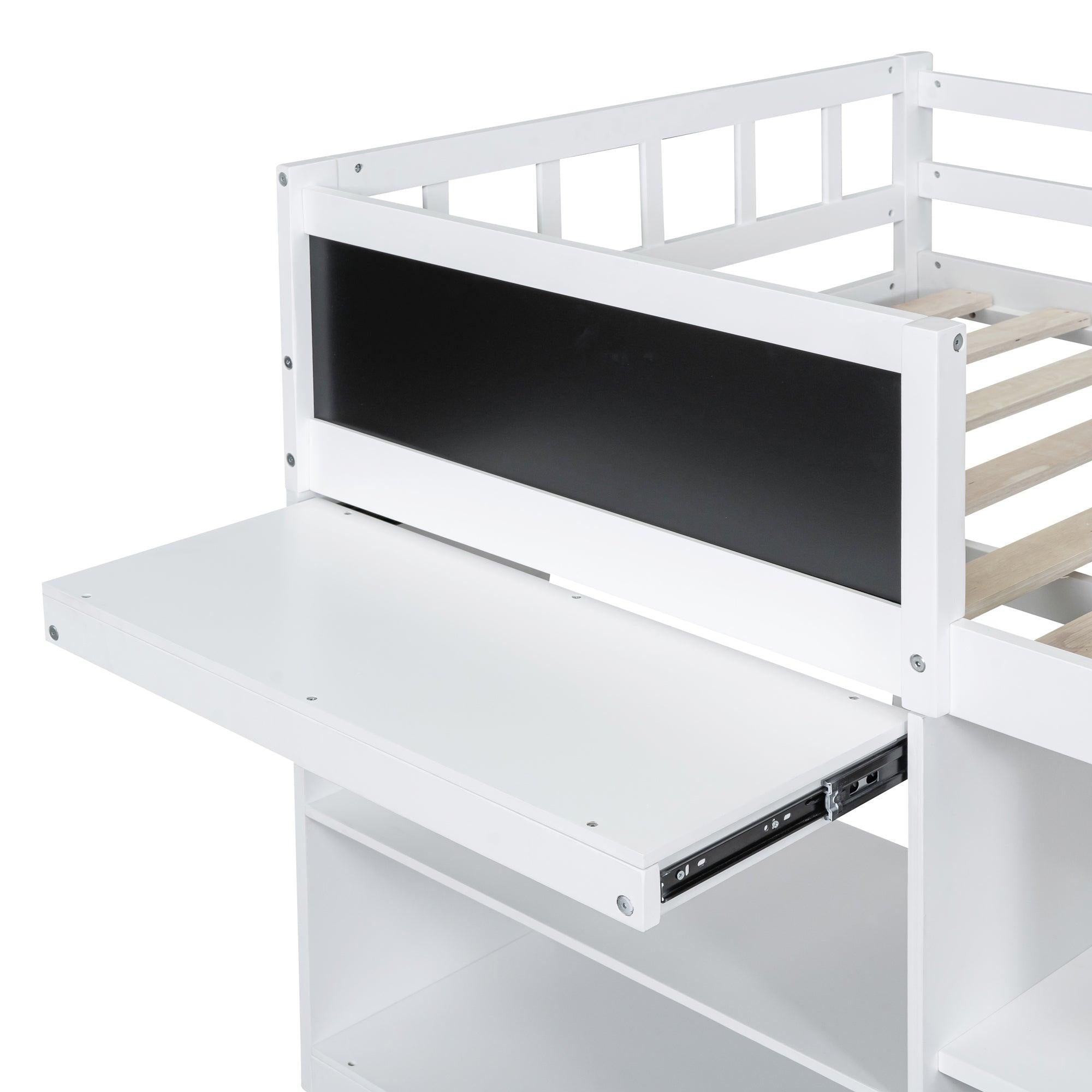 Twin Size Low Loft Bed with Rolling Desk, Shelf and Drawers - White