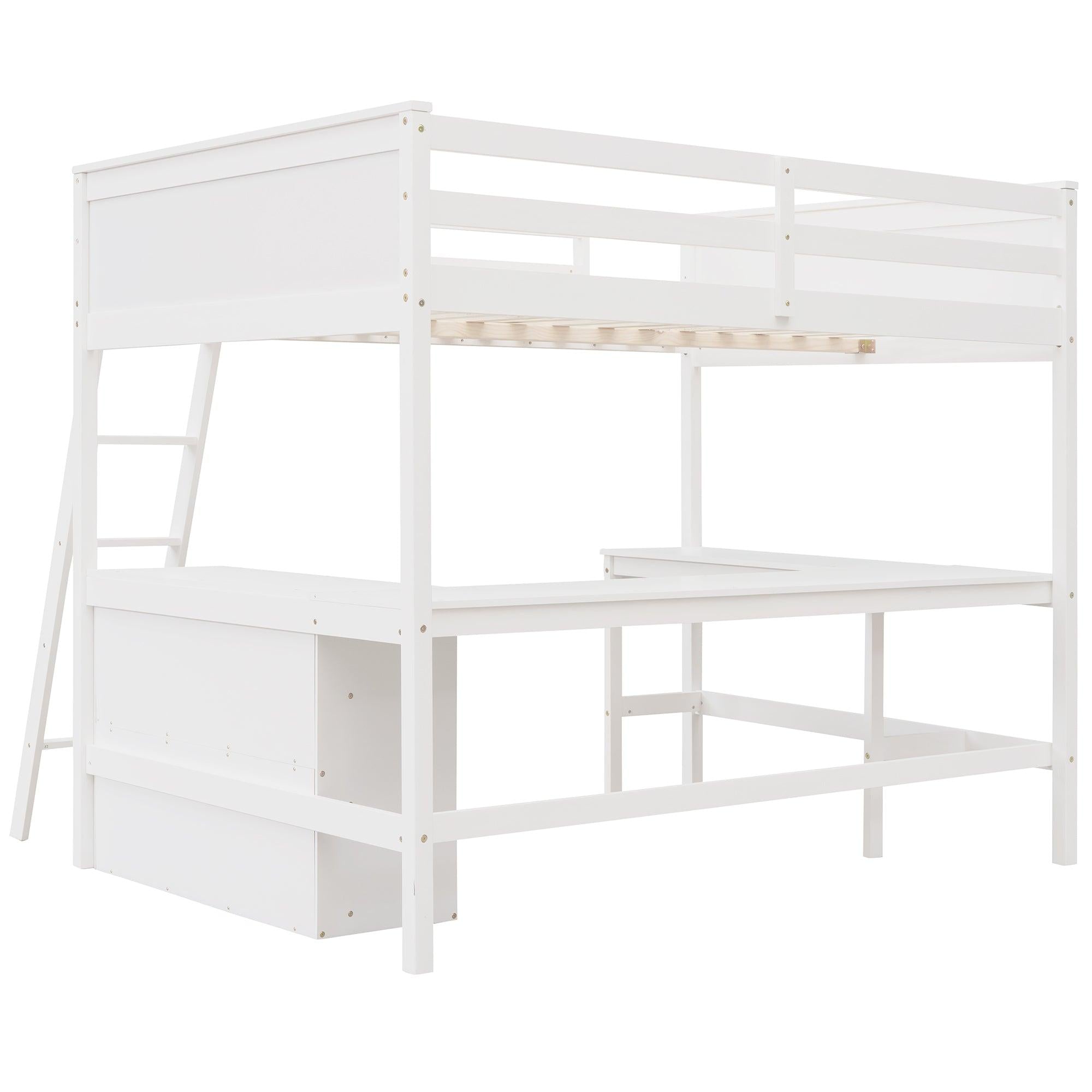 Full size Loft Bed with Shelves and Desk, Wooden Loft Bed with Desk - White