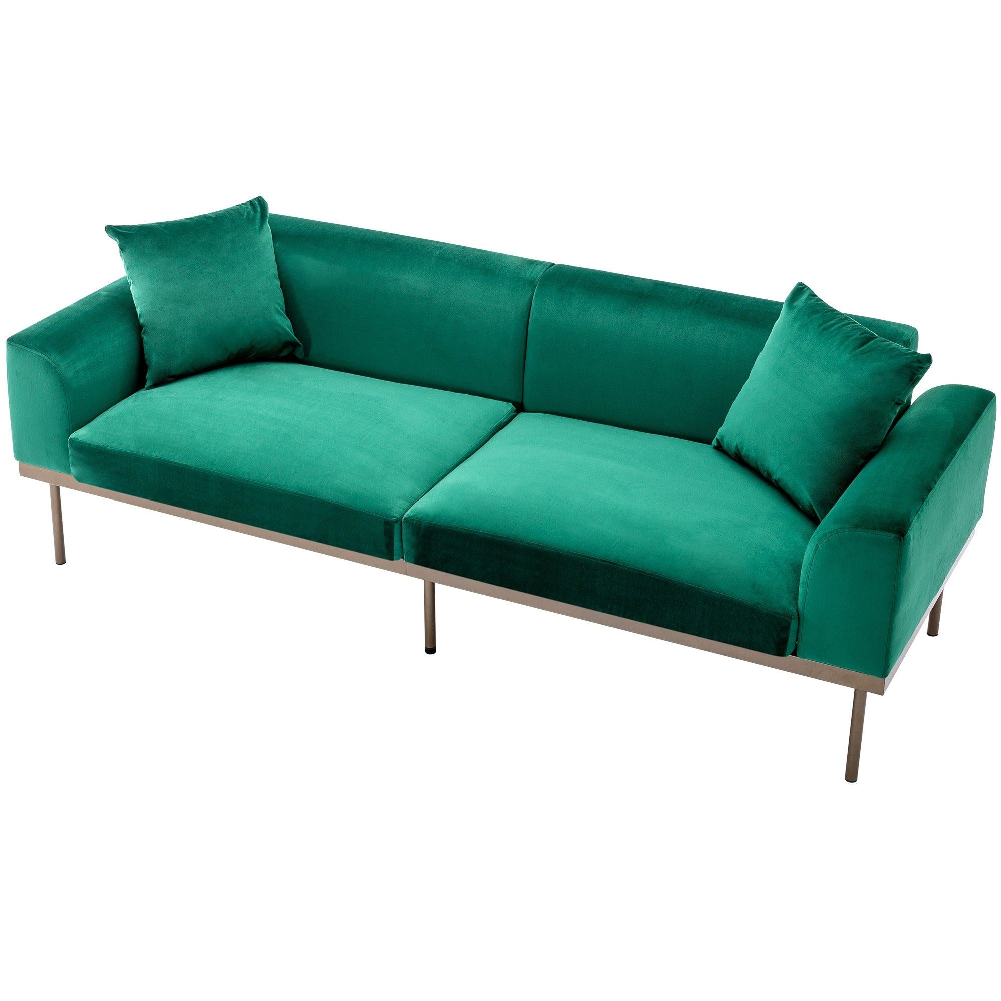 Modern Velvet Sofa with Metal Legs,Loveseat Sofa Couch with Two Pillows for Living Room and Bedroom, Green