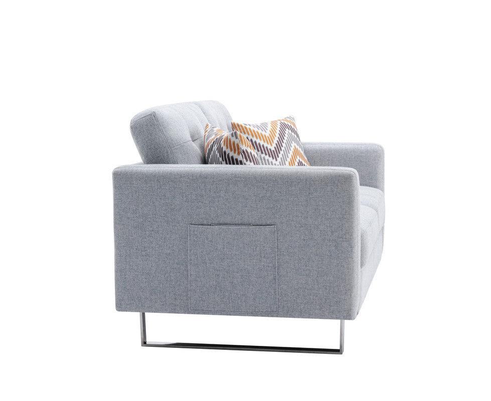 Victoria Light Gray Linen Fabric Loveseat Chair Living Room Set with Metal Legs, Side Pockets, and Pillows