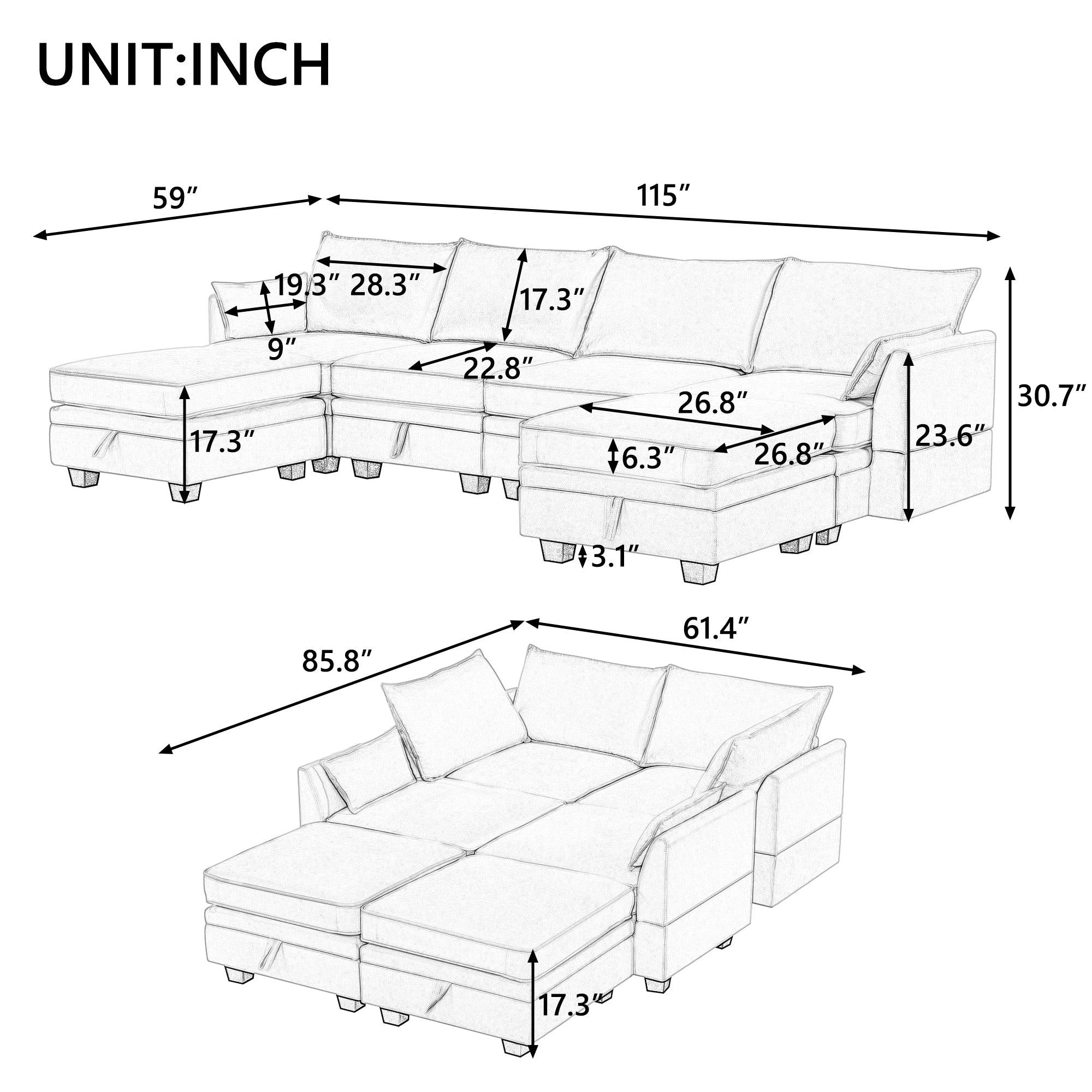 Modern Large U-Shape Modular Sectional Sofa,  Convertible Sofa Bed with Reversible Chaise for Living Room,Storage Seat