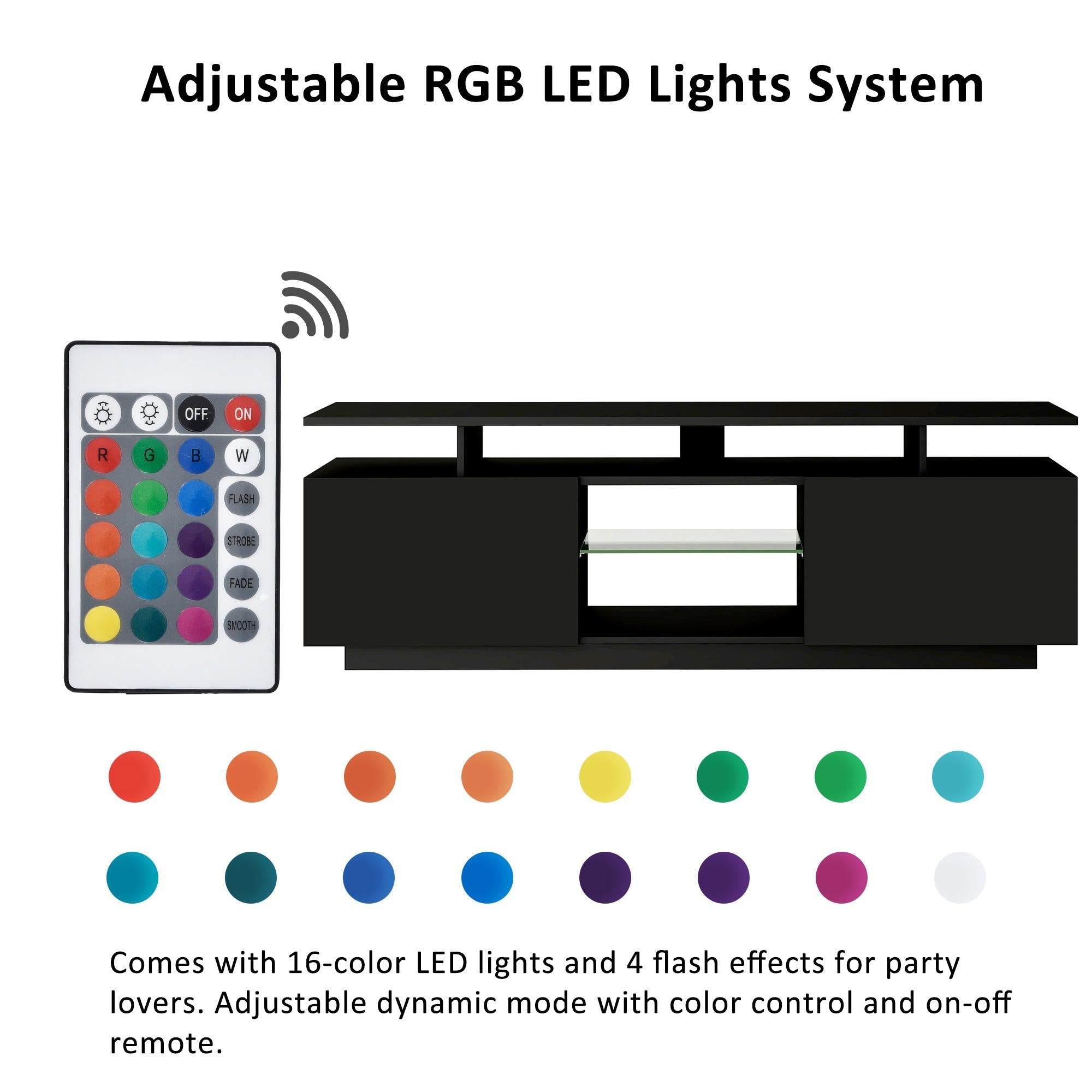 Modern TV Stand for TVs up to 65inches with LED lights, 16 Colors, for Livingroom, Bedroom, Black