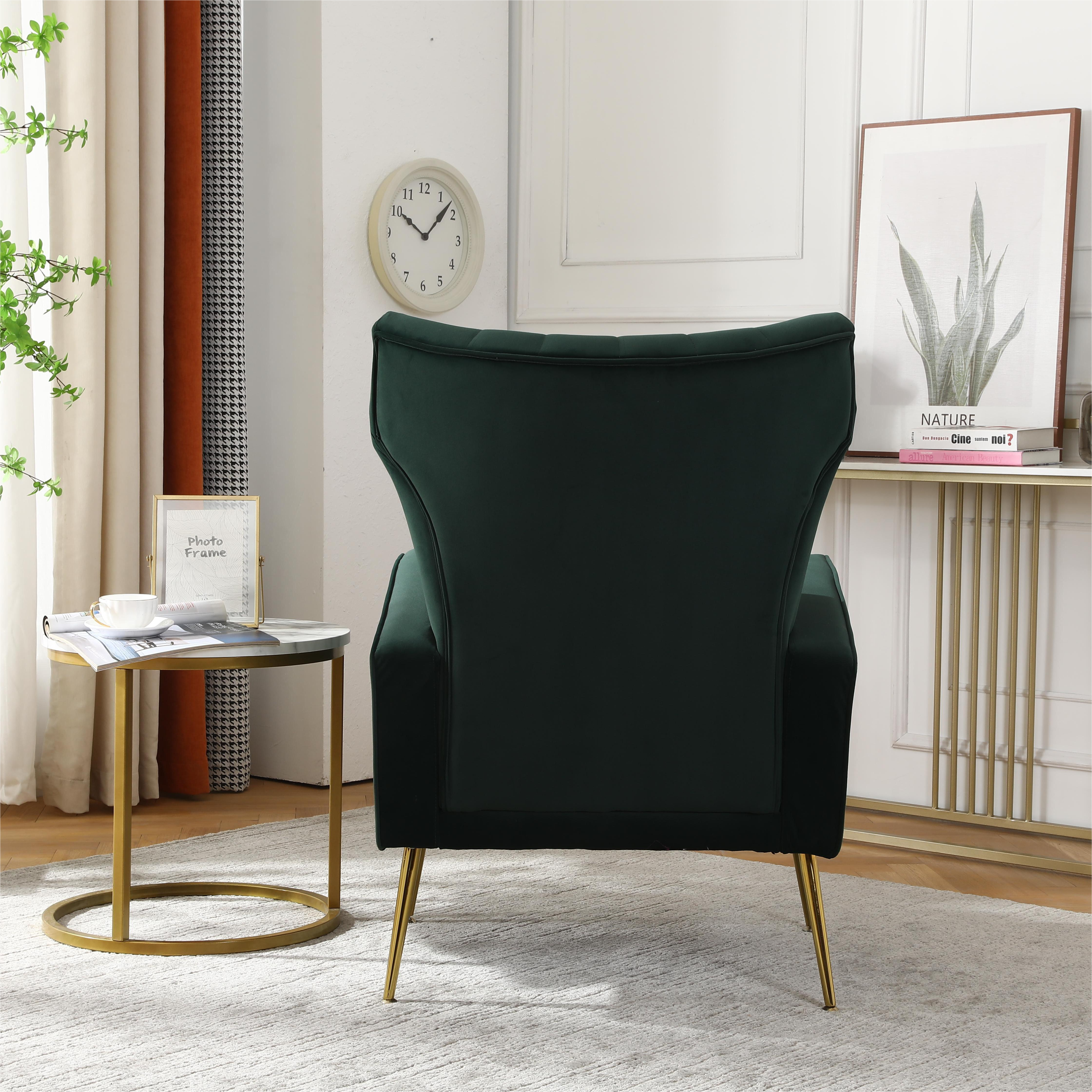 Velvet Accent Chair,Modern Living Room Armchair Comfy Upholstered Single Sofa Chair for Bedroom Dorms Reading Reception Room with Gold Legs & Small Pillow, Dark Green