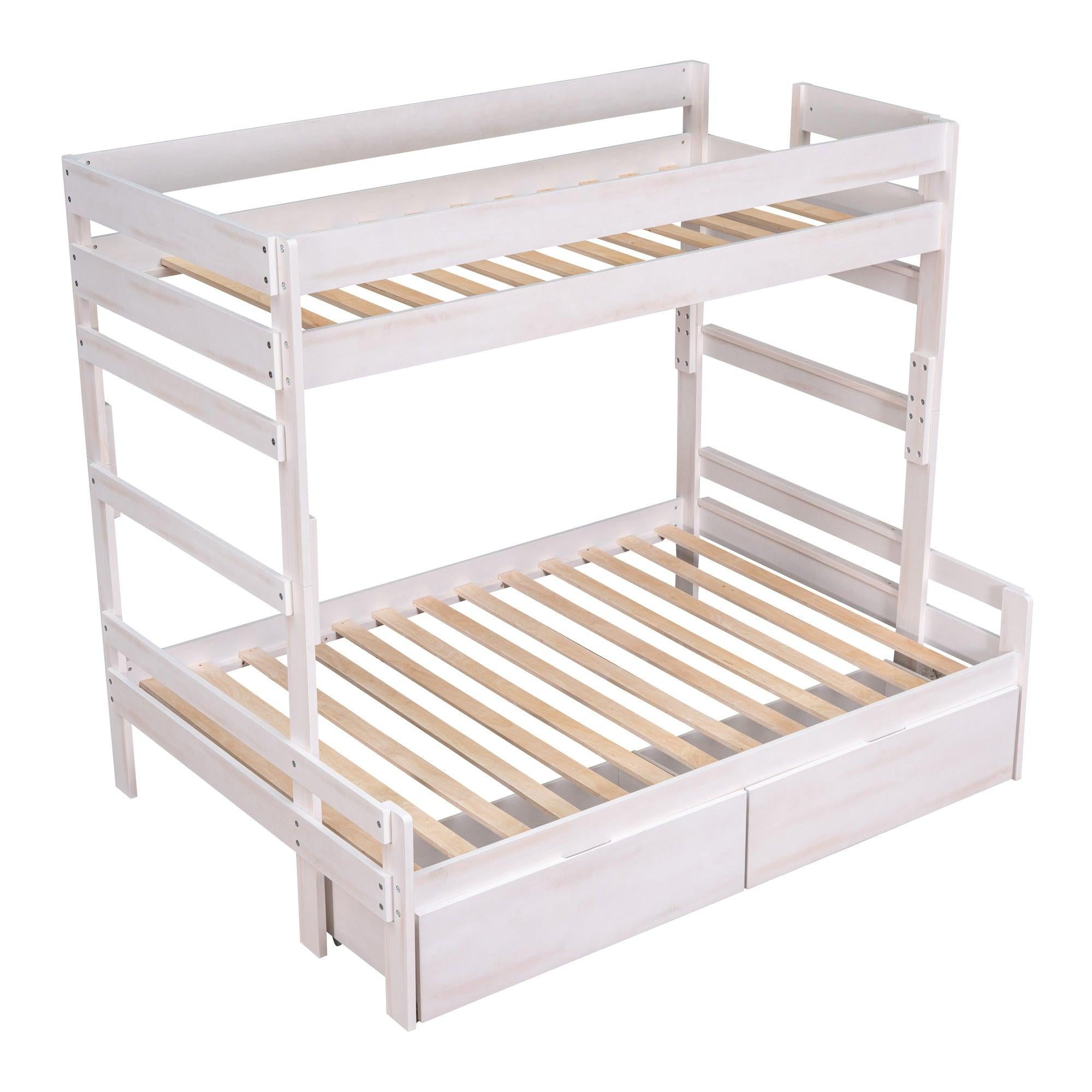 Twin over Full Wood Bunk Bed with 2 Drawers, White