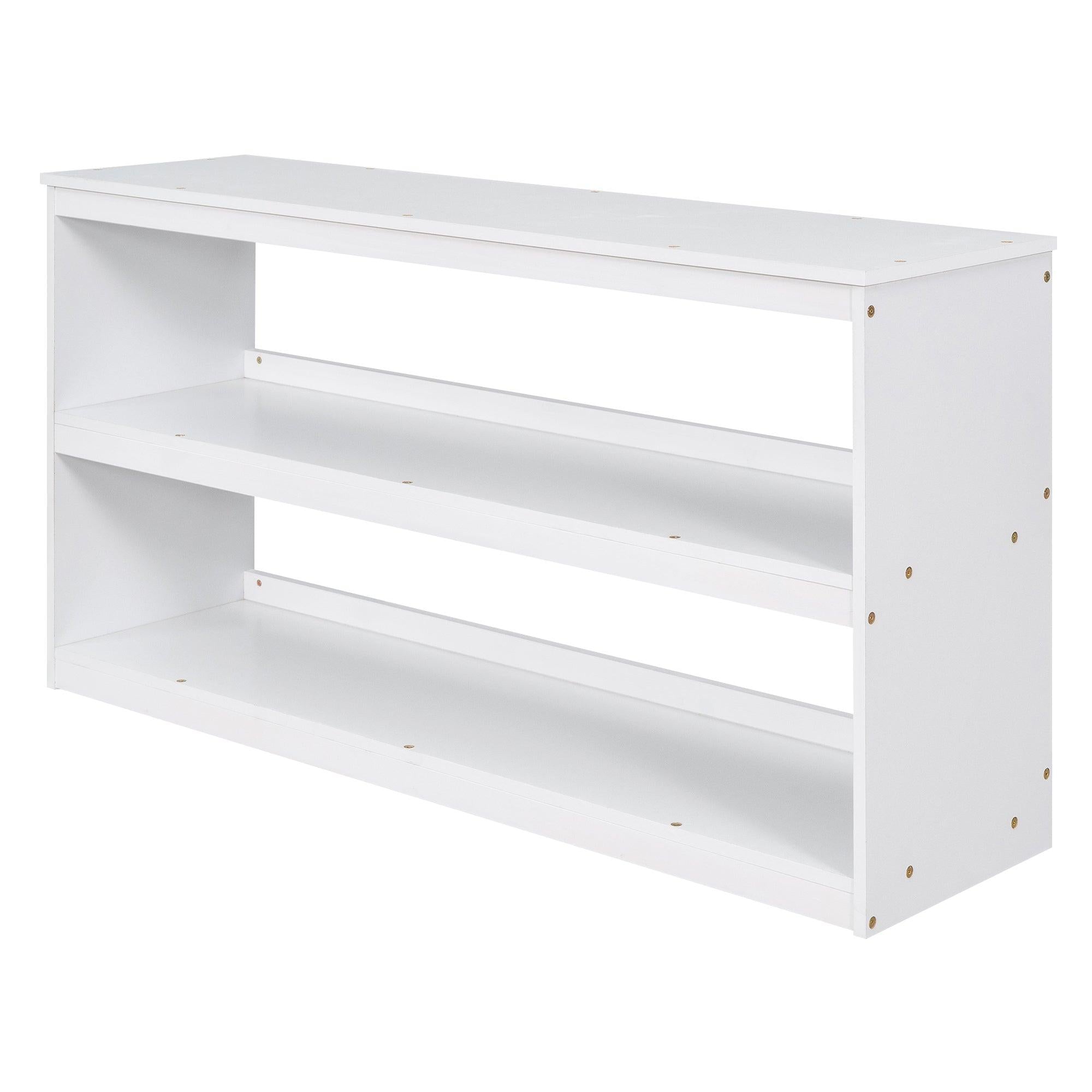 Low Study Full Loft Bed with Cabinet ,Shelves and Rolling Portable Desk ,Multiple Functions Bed- White