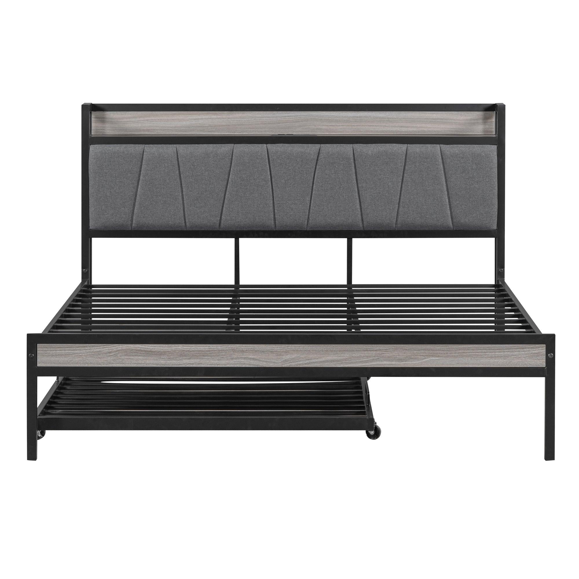 Queen Size Metal Platform Bed Frame with Twin size trundle, Upholstered headboard ，Sockets, USB Ports and Slat Support ,No Box Spring Needed，Black