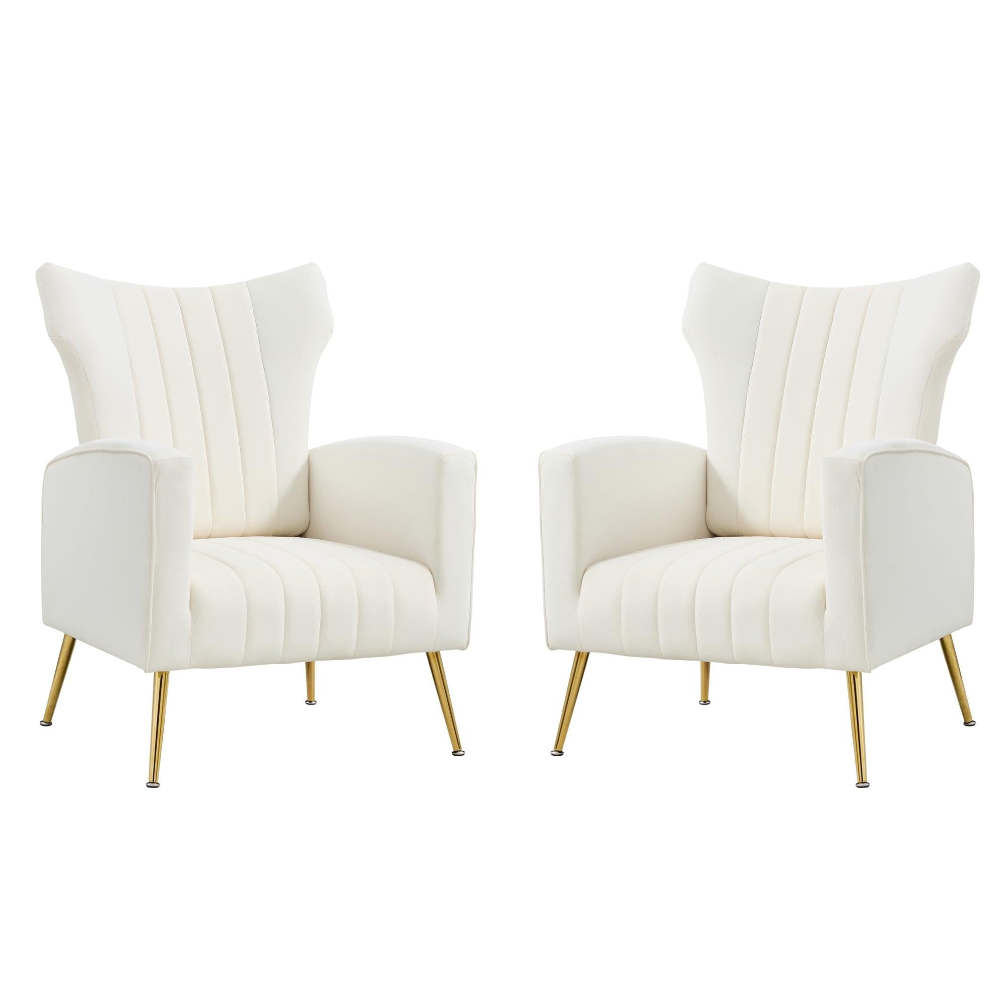 Modern Velvet Accent Chair with Arms, Wingback Reading Chair with Gold Metal Legs, Comfy Upholstered Single Leisure Sofa for Living Room Bedroom Club(Velvet+White)