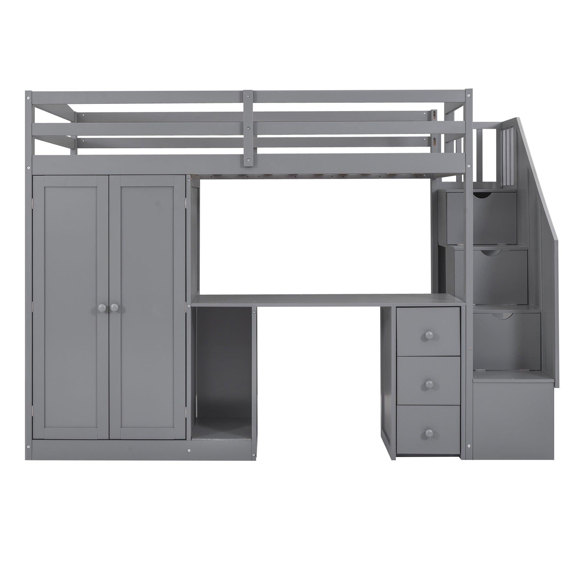 Twin Size Loft Bed with Wardrobe and Staircase, Desk andStorage Drawers and Cabinet in 1,Gray