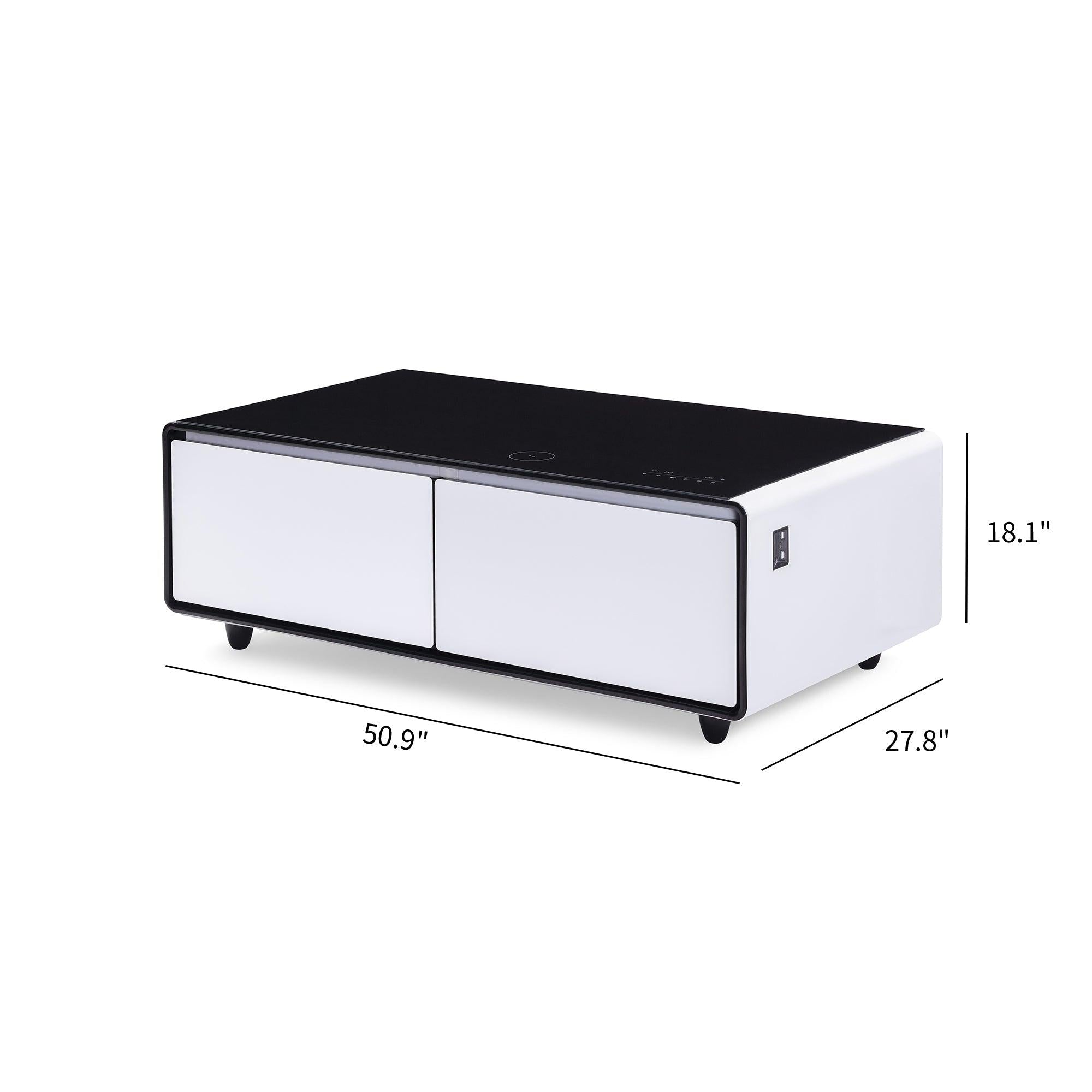 Modern Smart Coffee Table with Built-in Fridge, Bluetooth Speaker, Wireless Charging Module, Touch Control Panel, Power Socket, USB Interface, Outlet Protection, Atmosphere light, and More