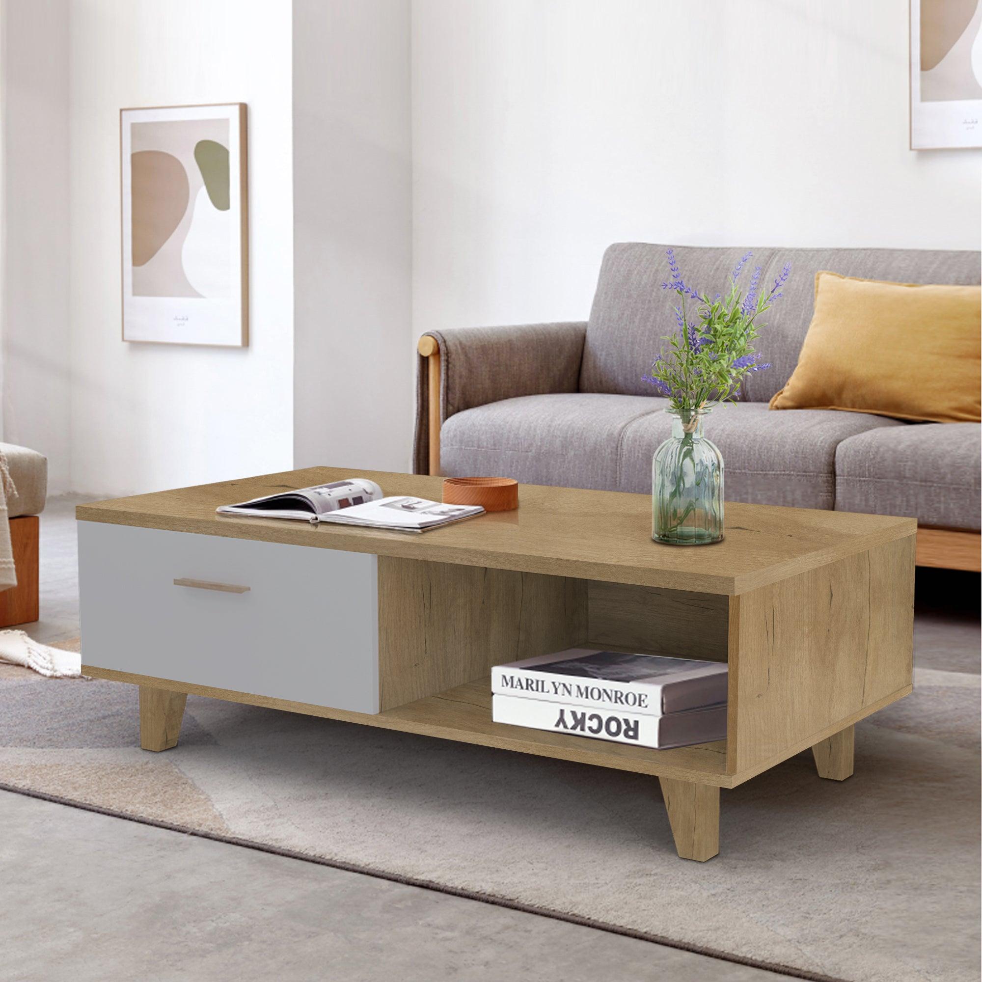 COFFEE TABLE，computer table, wood+white color, solid wood handles and legs, two drawers