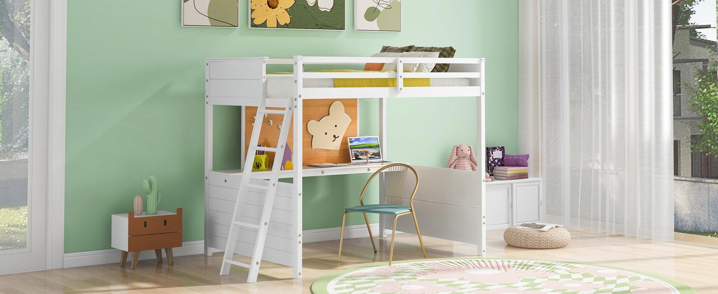 Full size Loft Bed with Desk and Writing Board, Wooden Loft Bed with Desk - White