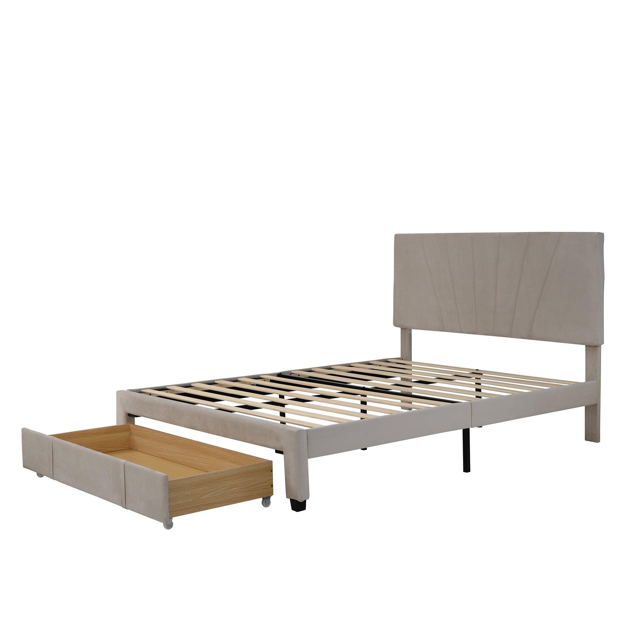 Queen SizeStorage Bed Velvet Upholstered Platform Bed with a Big Drawer - Beige