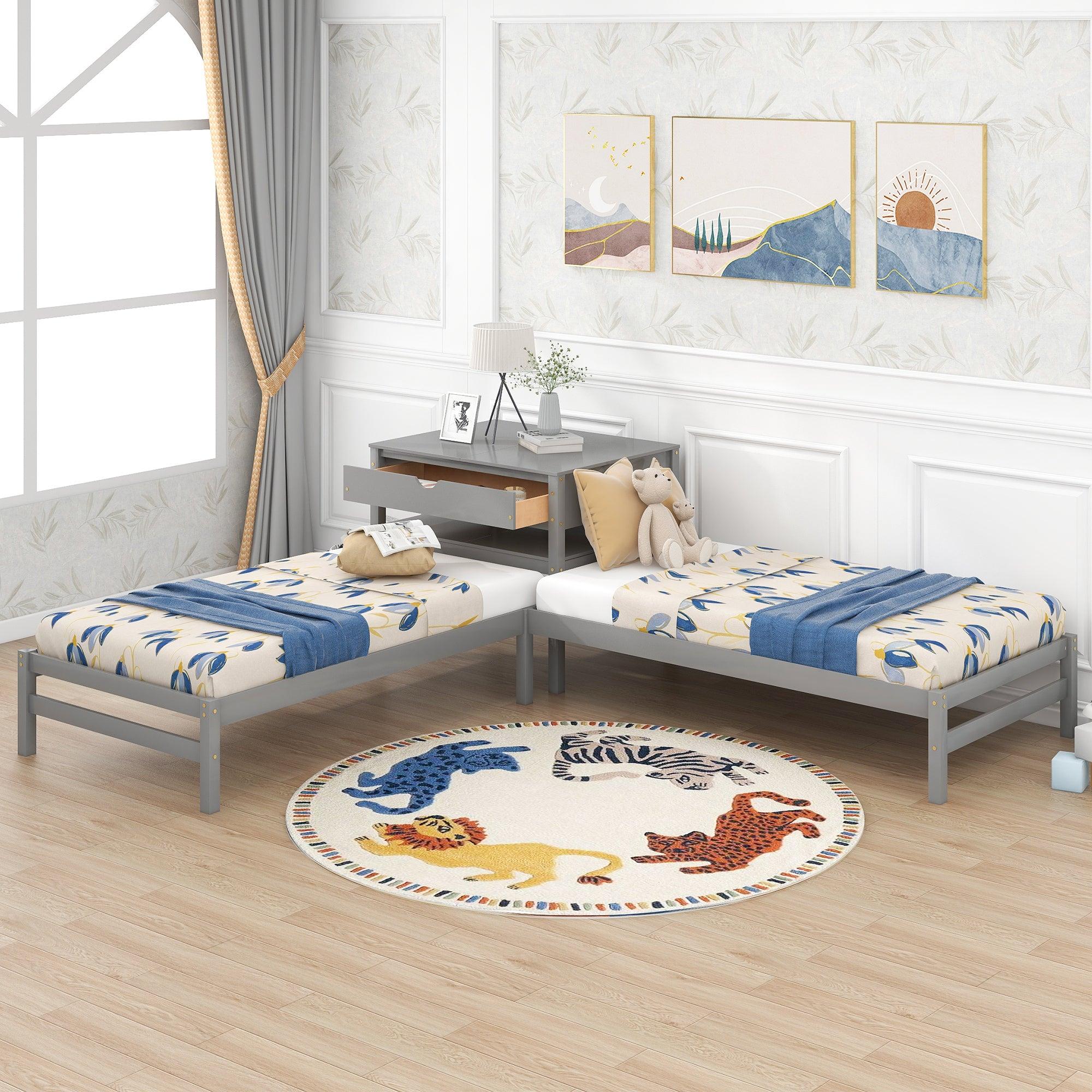 Twin Size L-Shaped Platform Beds with Drawer Linked with Built-in Rectangle Table,Gray image