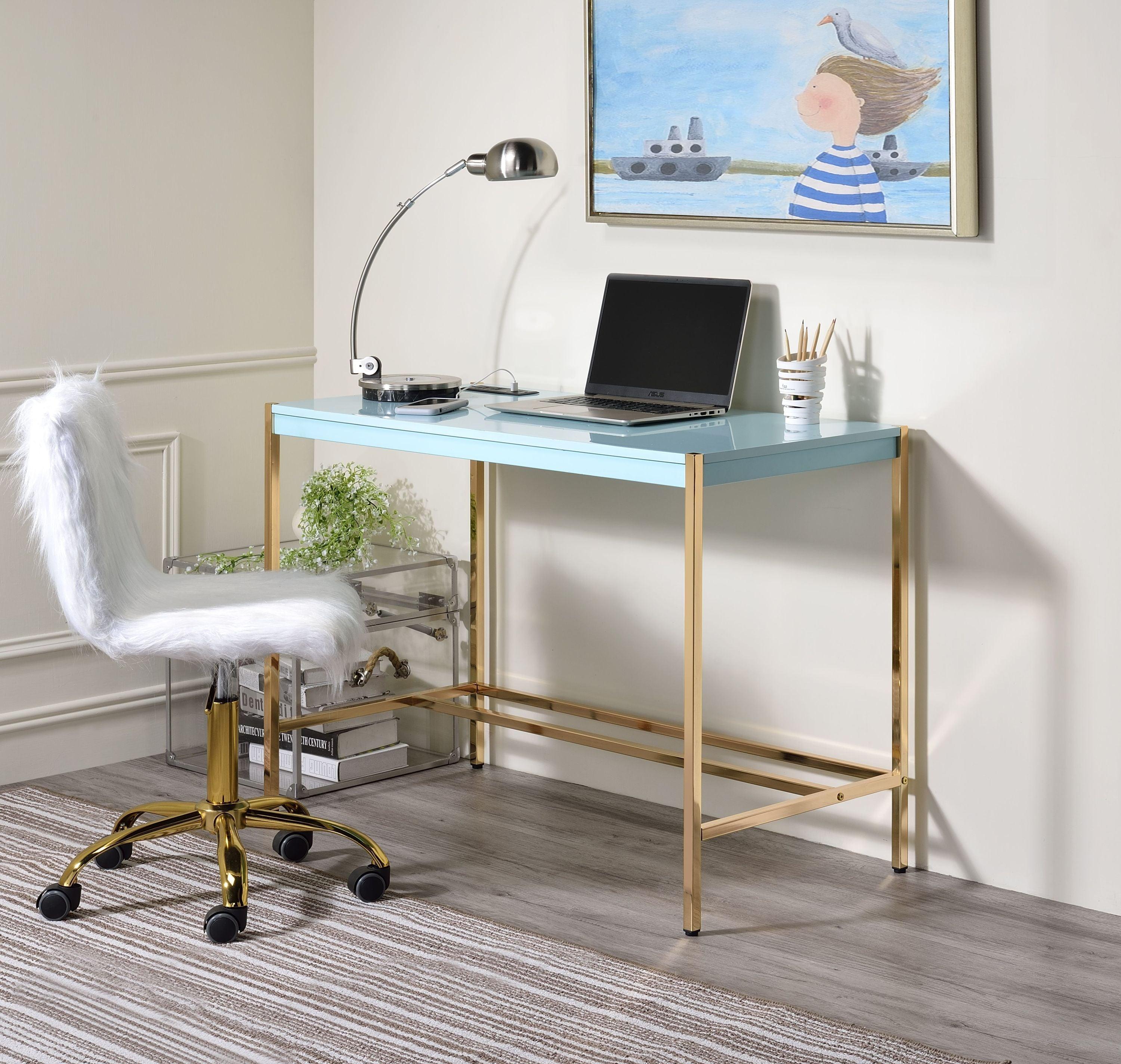 ACME Midriaks Writing Desk w/USB Port in Baby Blue & Gold Finish OF00023 image