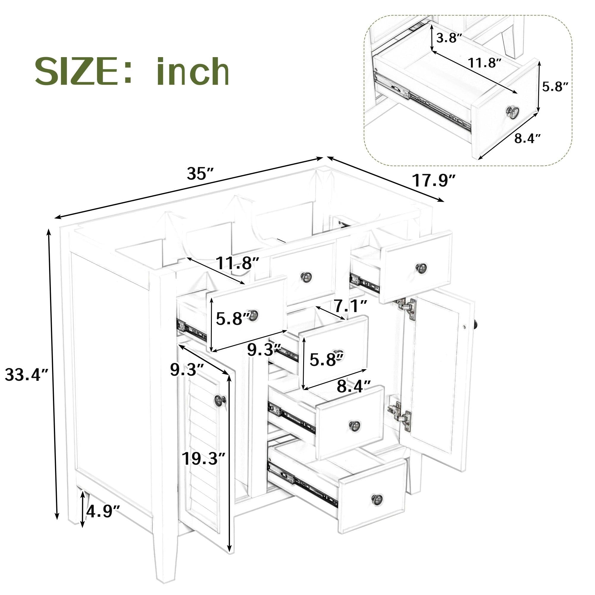 36" Bathroom Vanity without Sink, Cabinet Base Only, Two Cabinets and Five Drawers, Solid Wood Frame, Grey