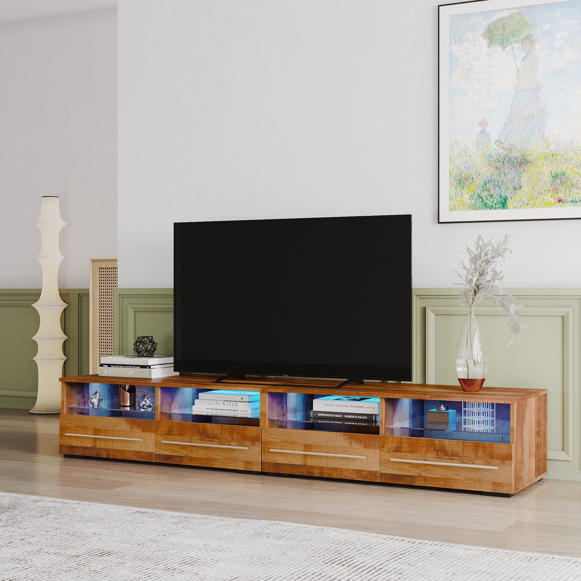 The Wood grain color TV cabinet has two drawers with color-changing light strips