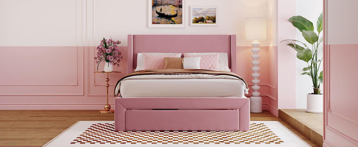 Full SizeStorage Bed Velvet Upholstered Platform Bed with a Big Drawer - Pink